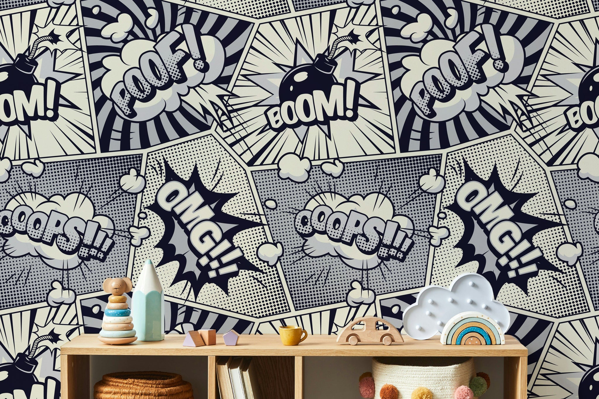 Çizgi Roman Duvar Kağıdı Siyah Beyaz Pop Art Desen