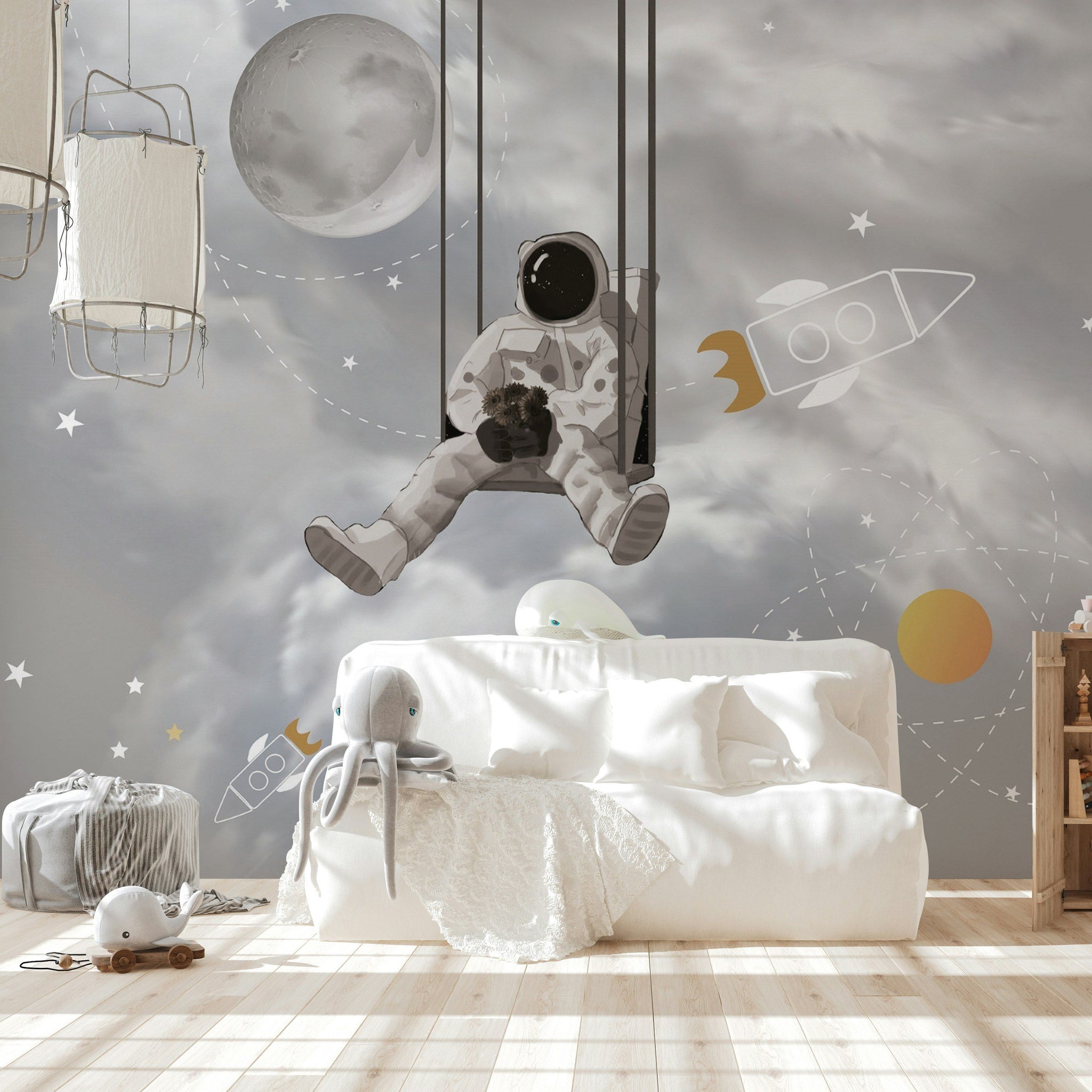 Astronot ve Roketli Poster Duvar Kağıdı Gri Çocuk Odası