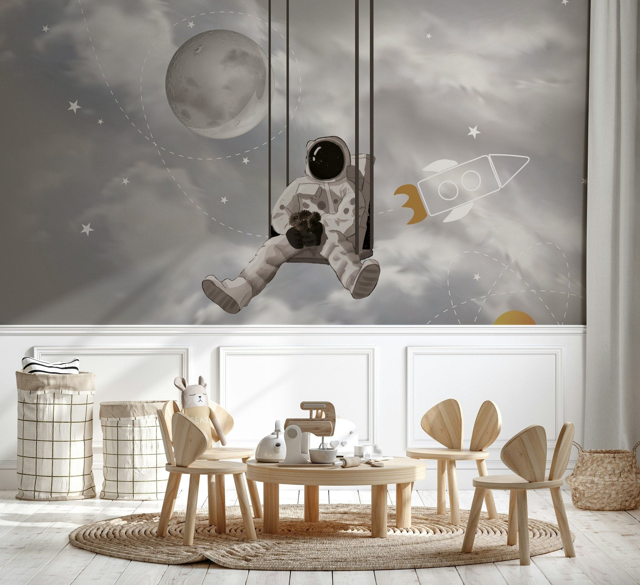 Astronot ve Roketli Poster Duvar Kağıdı Gri Çocuk Odası
