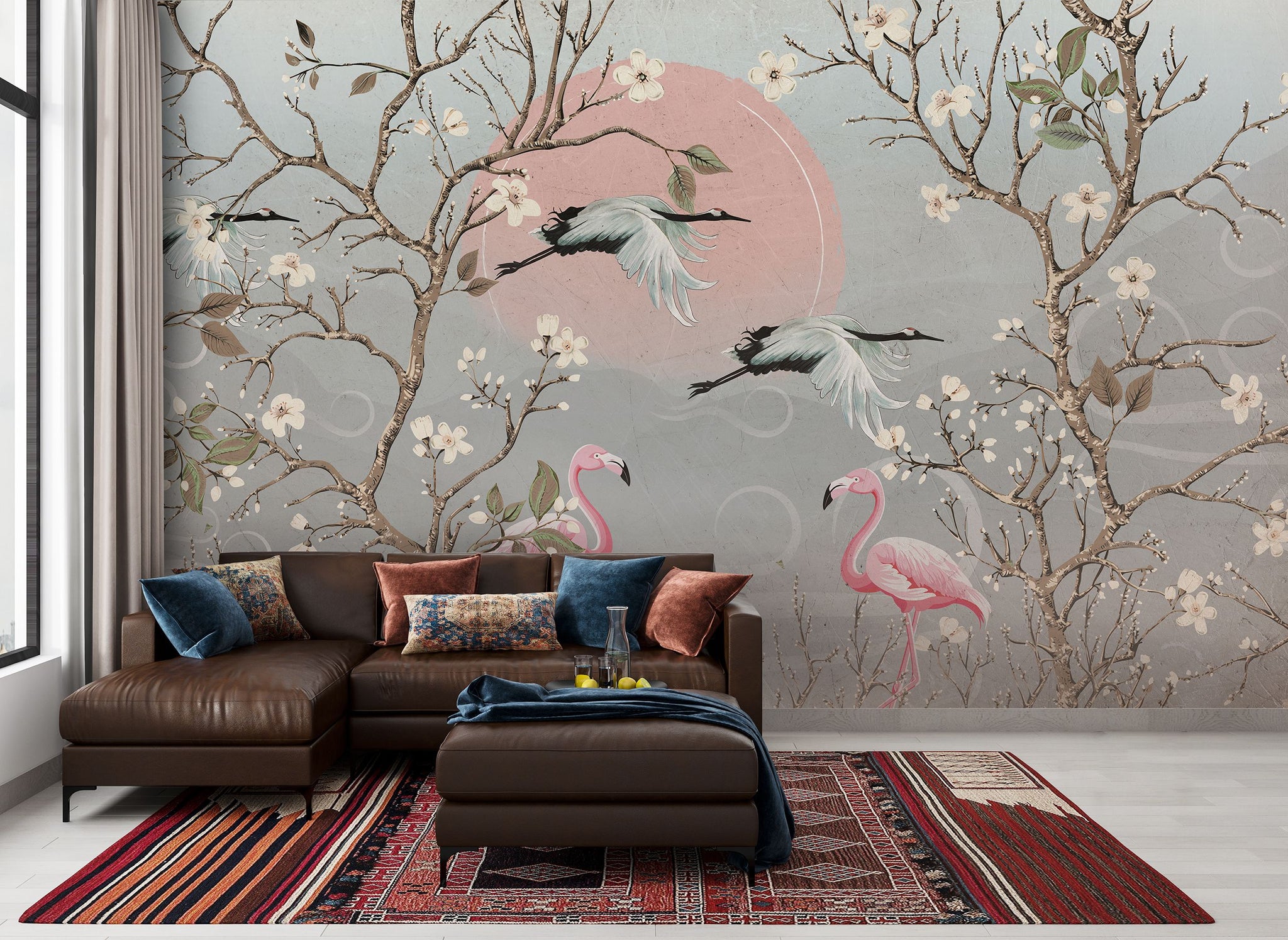 Turnalı Flamingolu Poster Duvar Kağıdı Gri Japon Bahçesi Salon