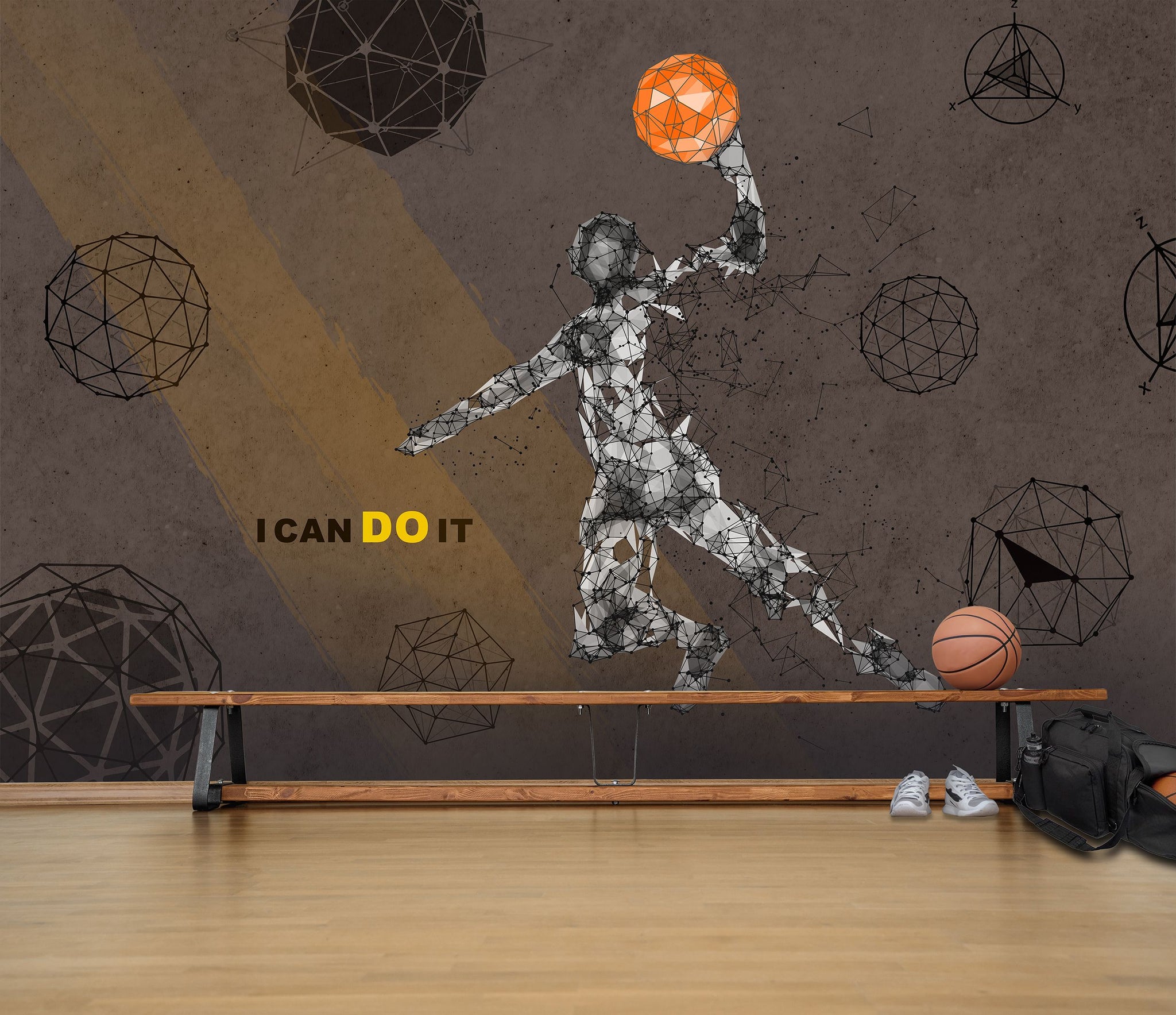 Geometrik Basketbolcu Poster Duvar Kağıdı Gri Turuncu Genç Odası