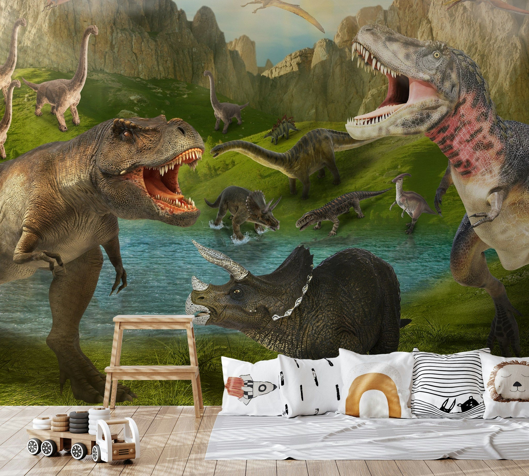 Dinozor Temalı Poster Duvar Kağıdı Yeşil Doğa Çocuk Odası