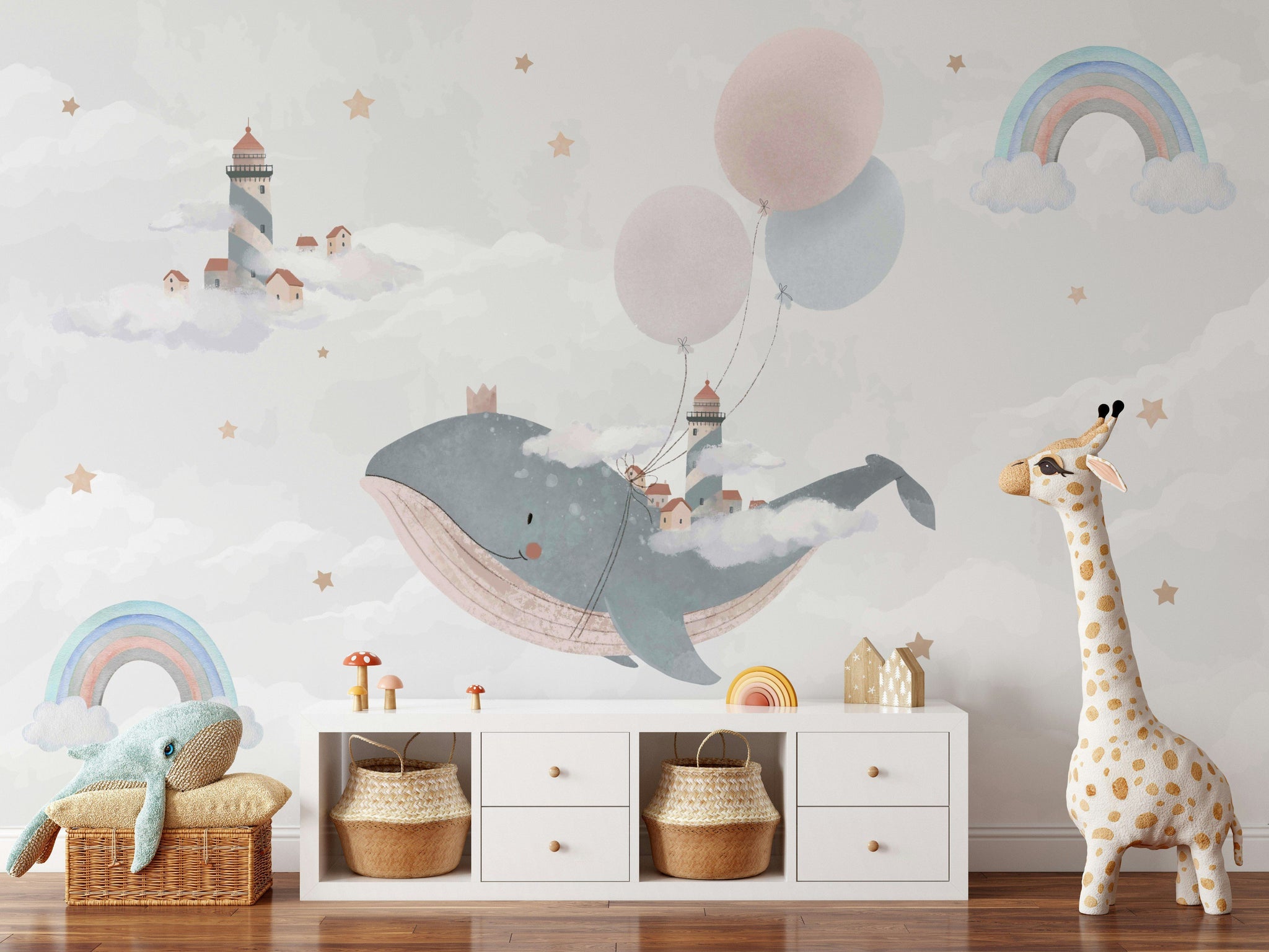Balina ve Gökkuşaklı Poster Duvar Kağıdı Pastel Çocuk Odası