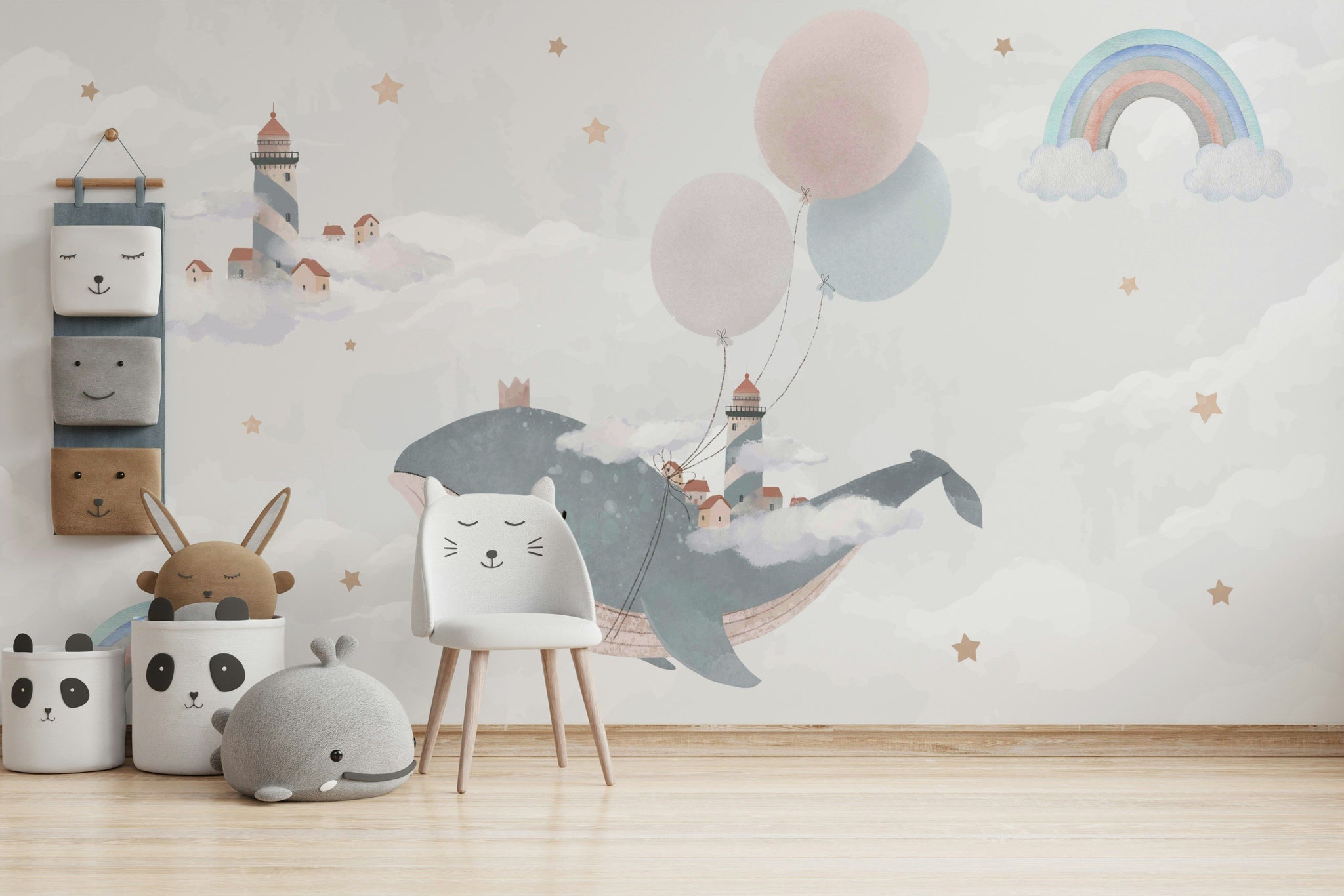 Balina ve Gökkuşaklı Poster Duvar Kağıdı Pastel Çocuk Odası