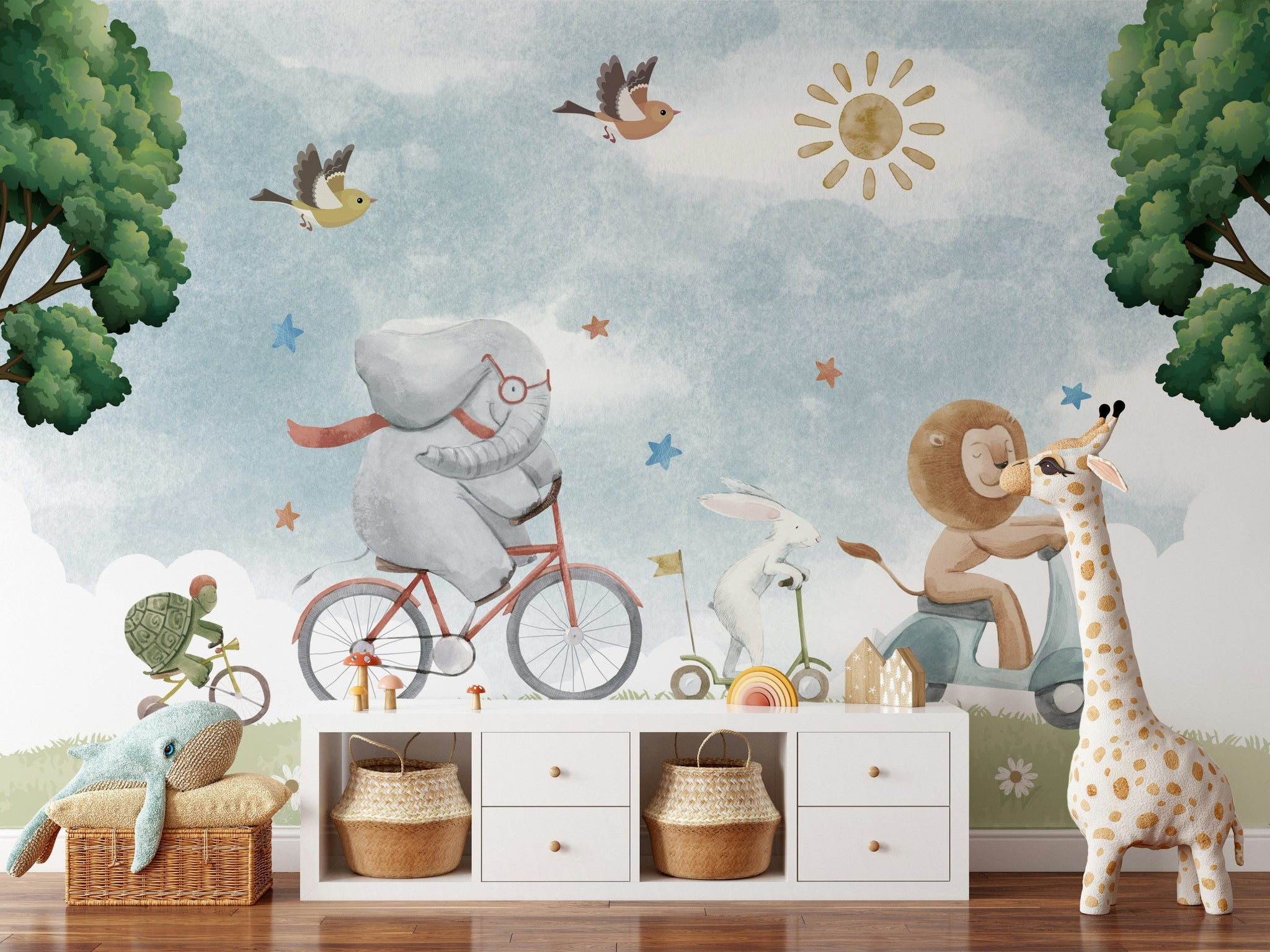Bisikletli Safari Hayvanları Poster Duvar Kağıdı Pastel Çocuk Odası