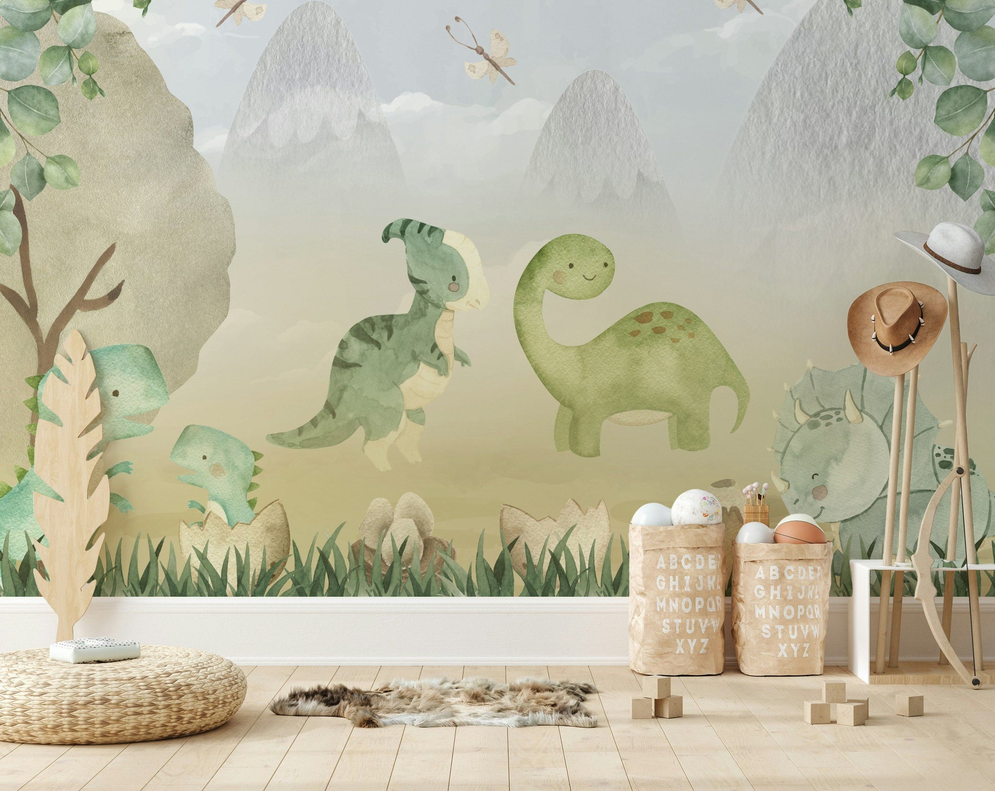 Sevimli Dinozor Poster Duvar Kağıdı Yeşil Pastel Çocuk Odası