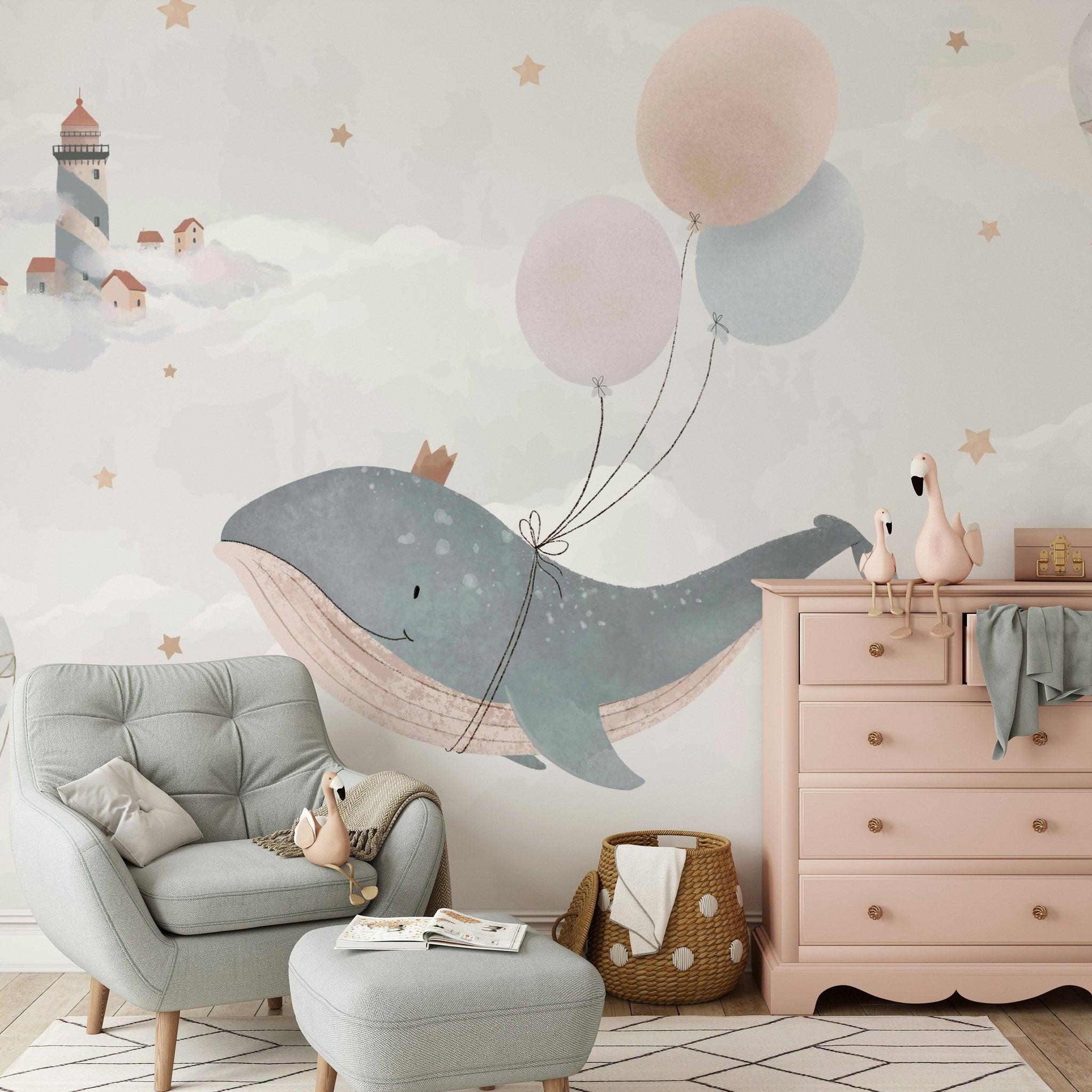 Balinalı Poster Duvar Kağıdı Pastel Bulut ve Balon Çocuk Odası