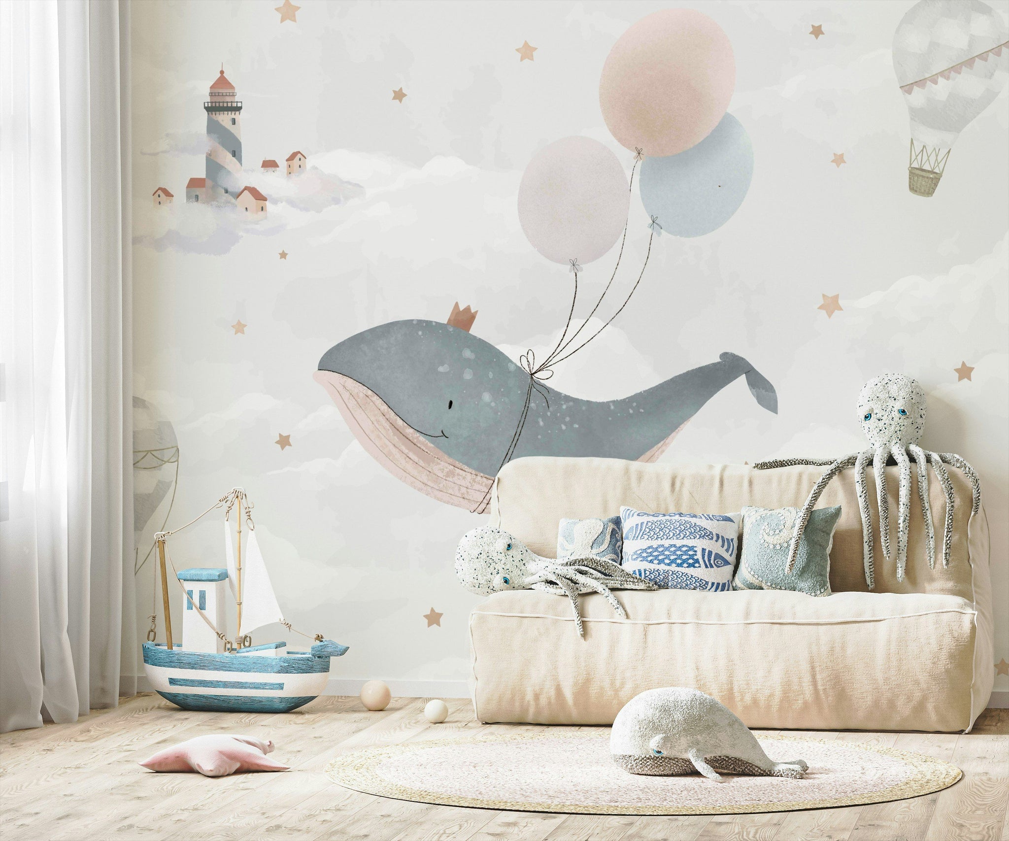 Balinalı Poster Duvar Kağıdı Pastel Bulut ve Balon Çocuk Odası
