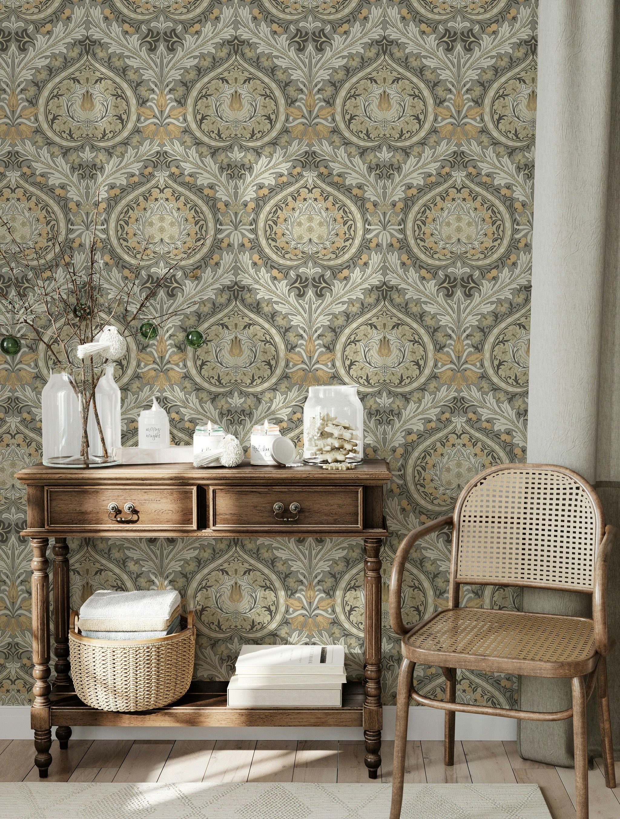 Klasik Damask Duvar Kağıdı Bej Gri Vintage Salon Deseni