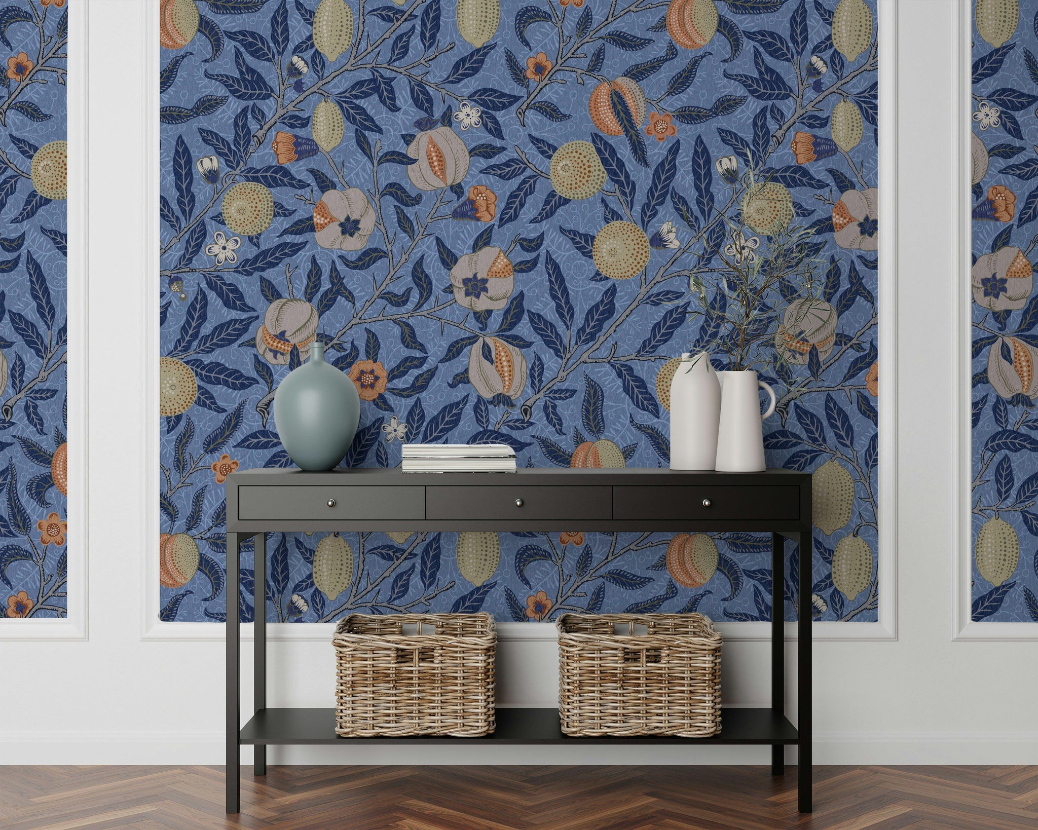 Meyveli Çiçekli Duvar Kağıdı Mavi Zemin Botanik Salon