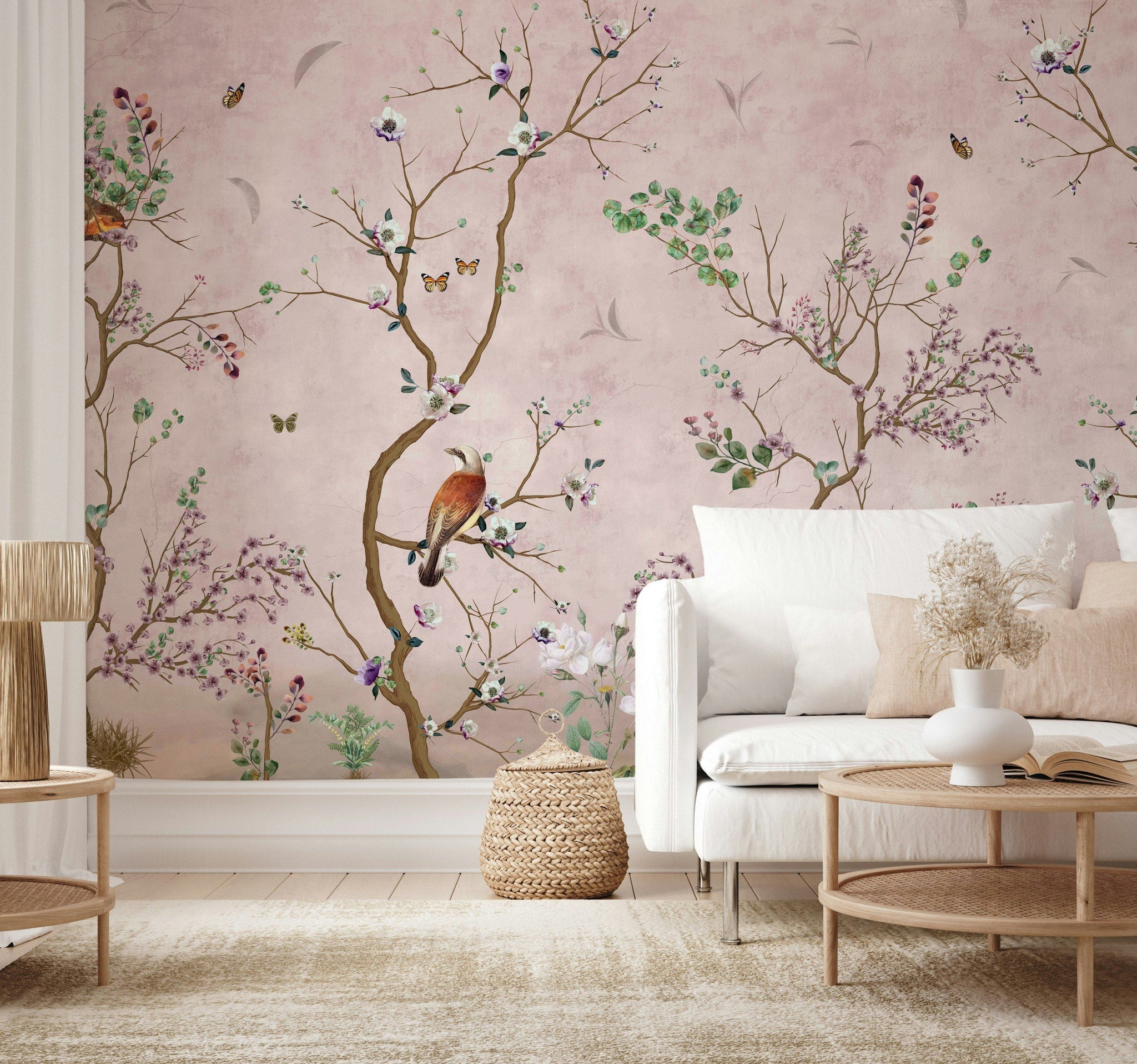 Çiçekli Dallı Kuşlu Poster Duvar Kağıdı Pudra Pembe Salon