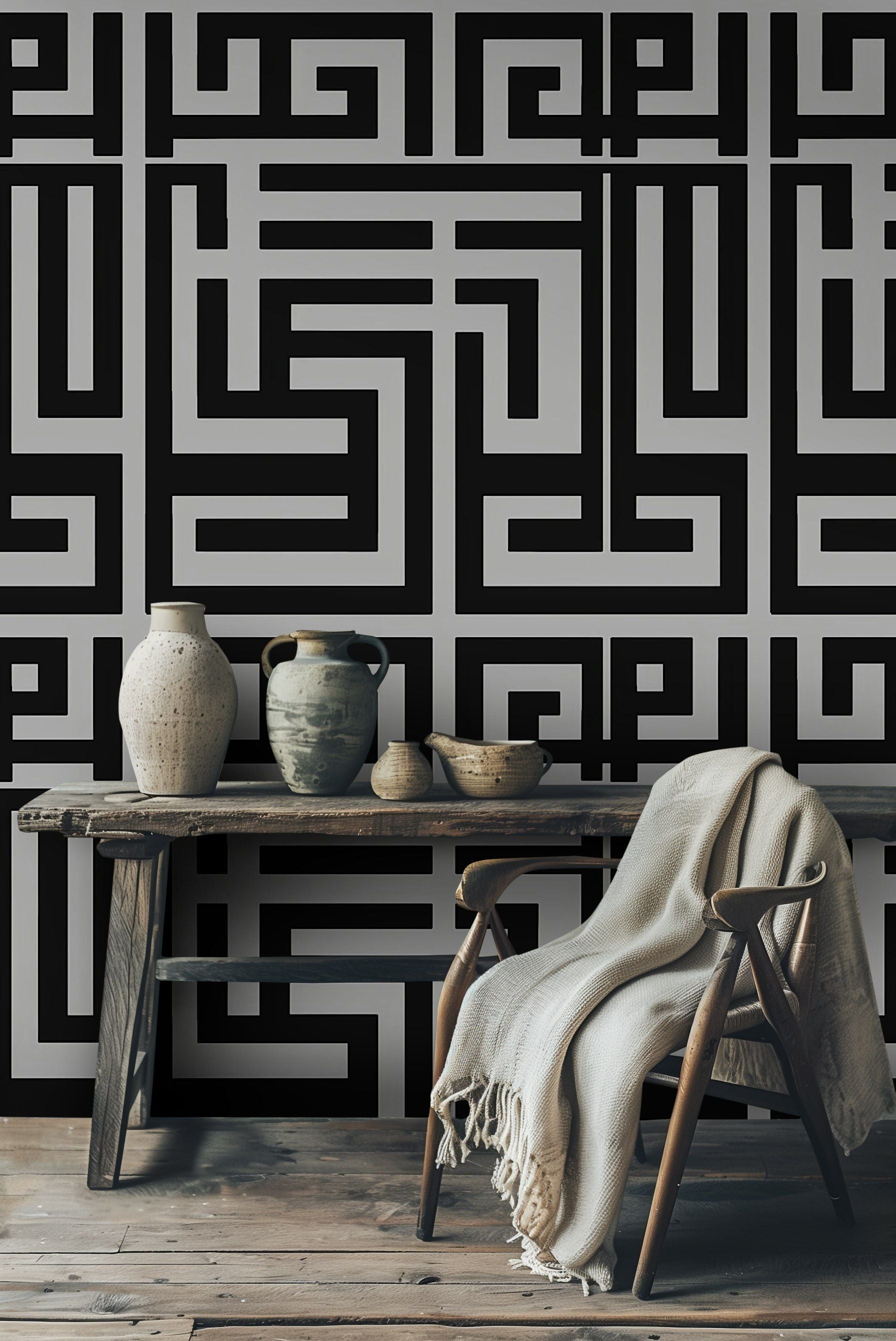 Geometrik Labirent Duvar Kağıdı Siyah Gri Modern Salon
