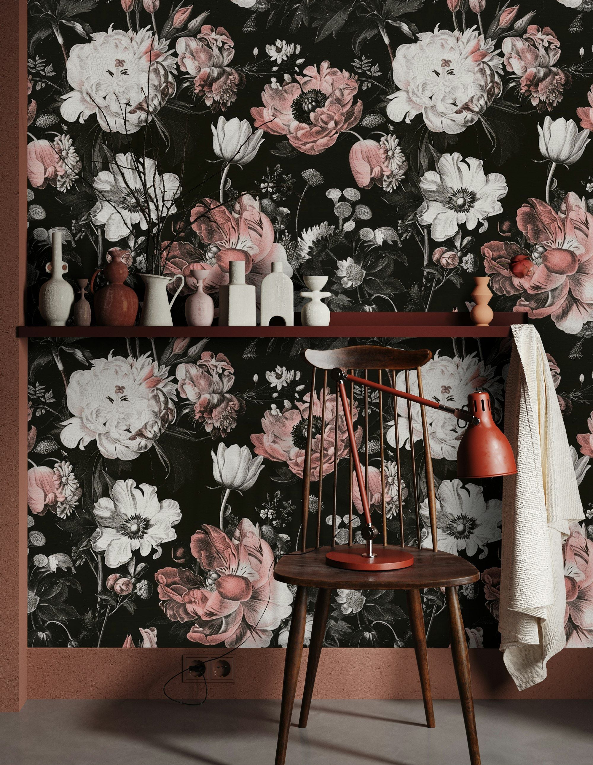 Siyah Zeminli Çiçek Desenli Duvar Kağıdı Pudra Tonlar Salon