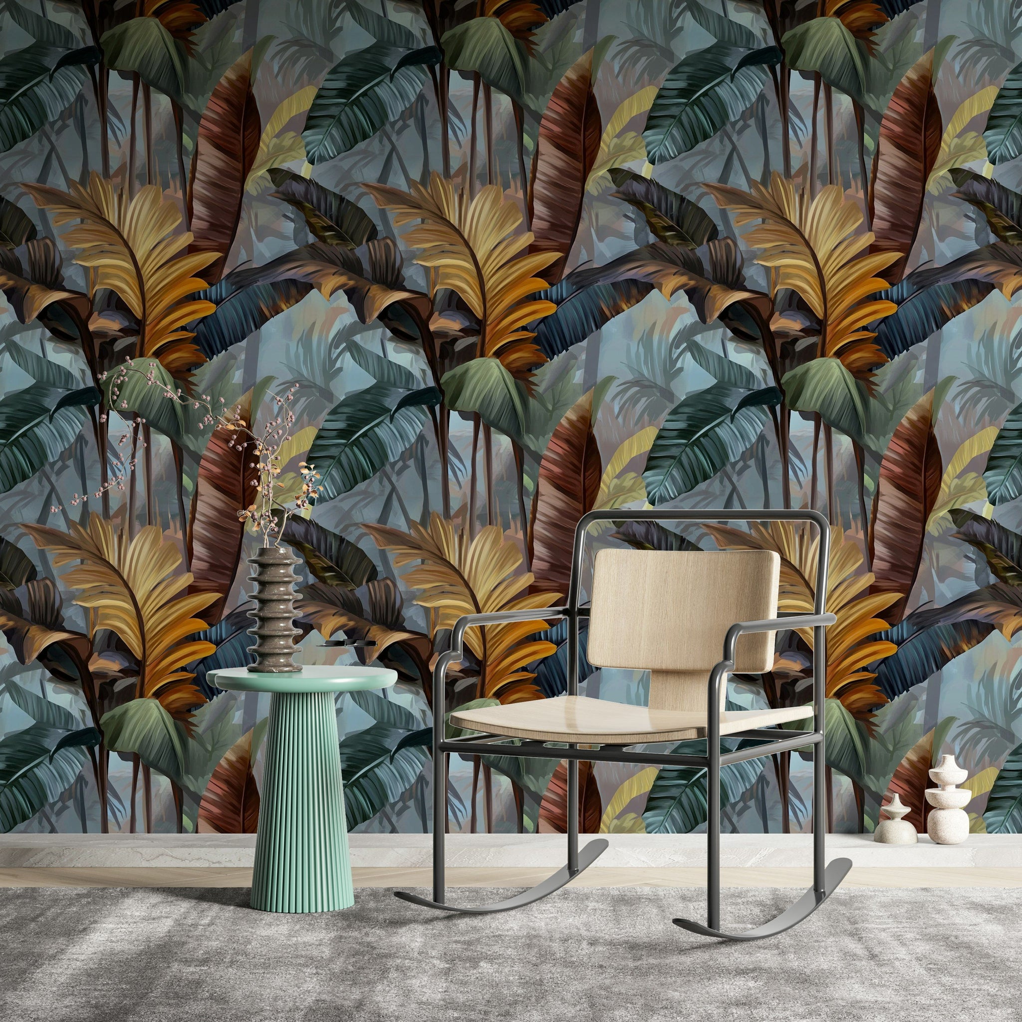 Tropikal Yaprak Desenli Duvar Kağıdı Yeşil Gri Salon