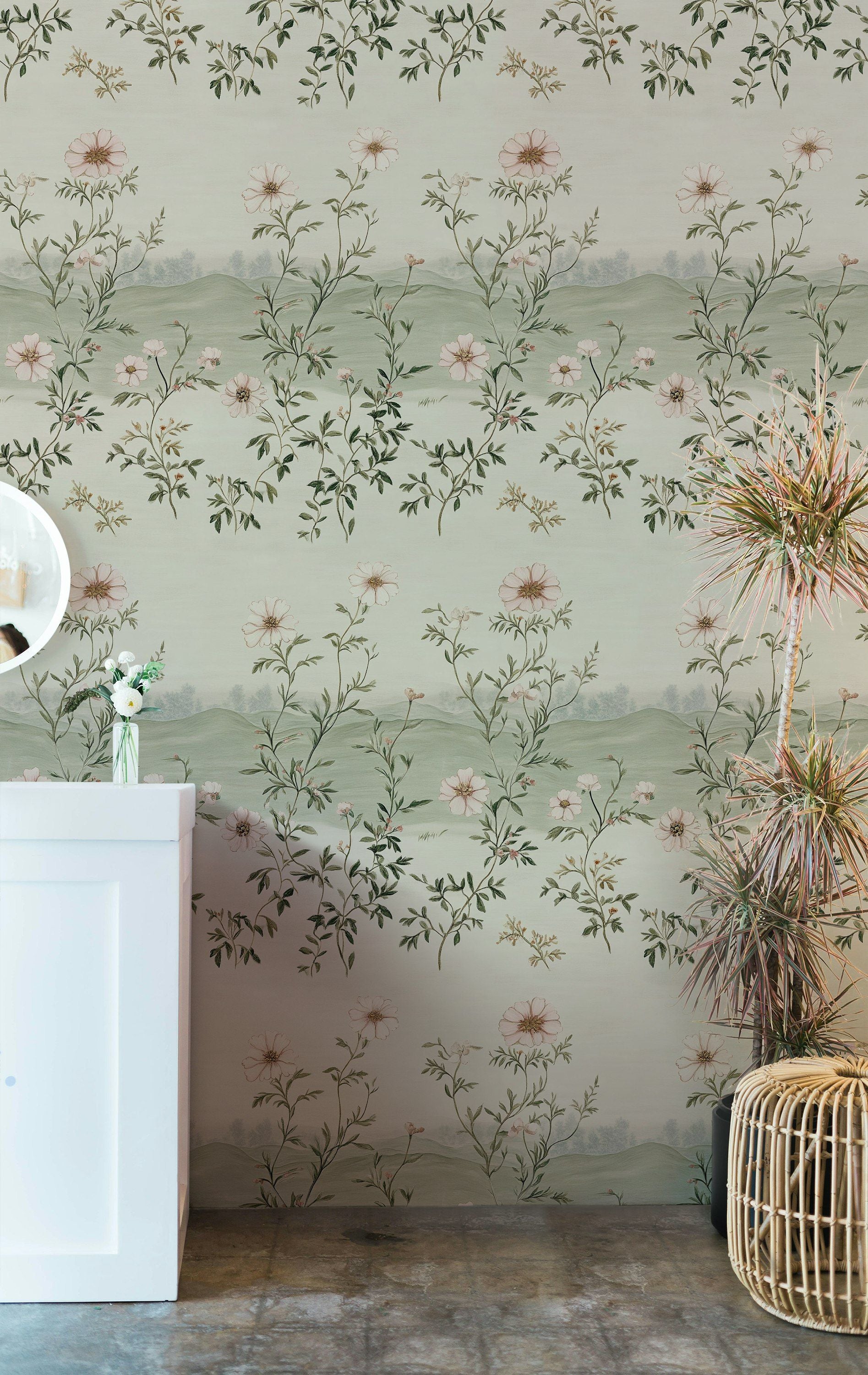 Pastel Çiçekli Duvar Kağıdı Yeşil Manzara Desen Salon