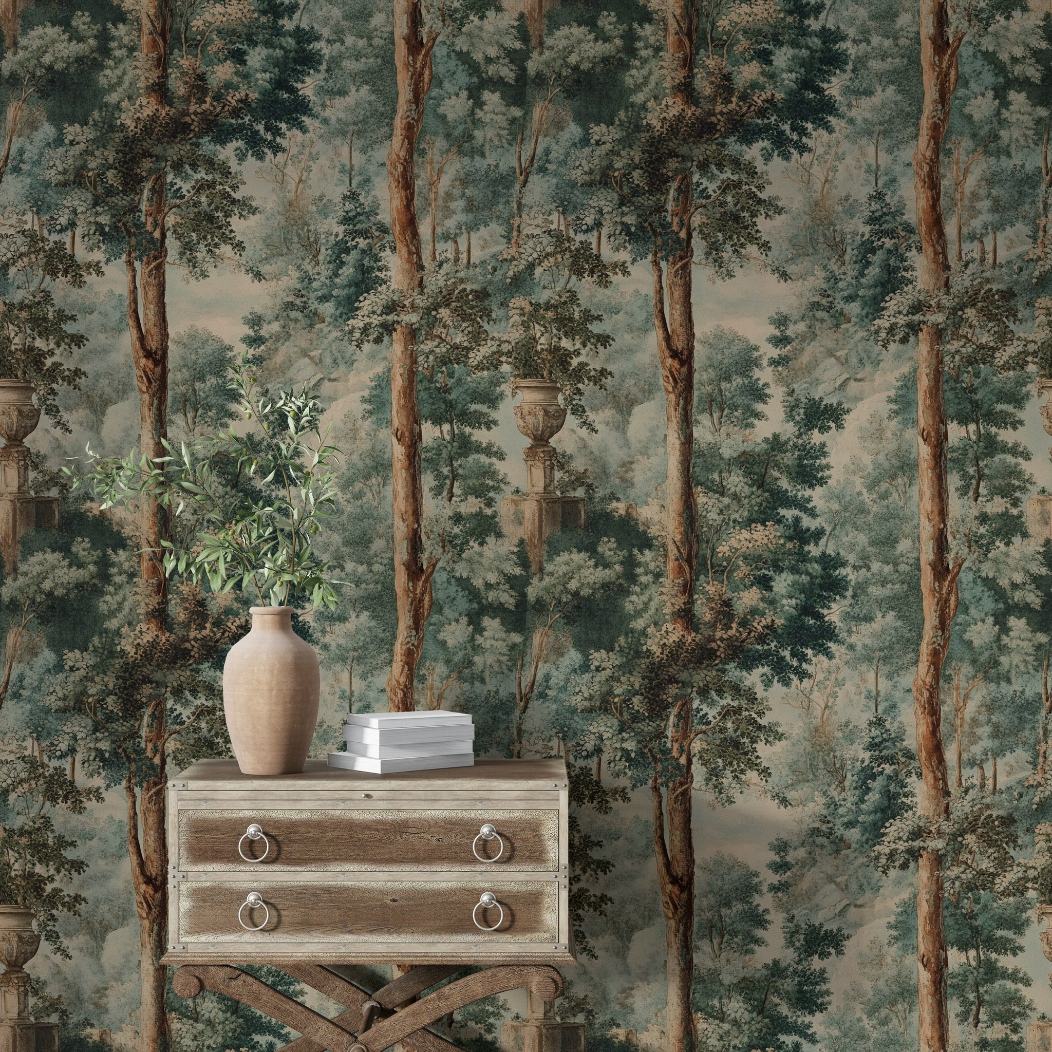 Orman Manzaralı Duvar Kağıdı Yeşil Vintage Salon