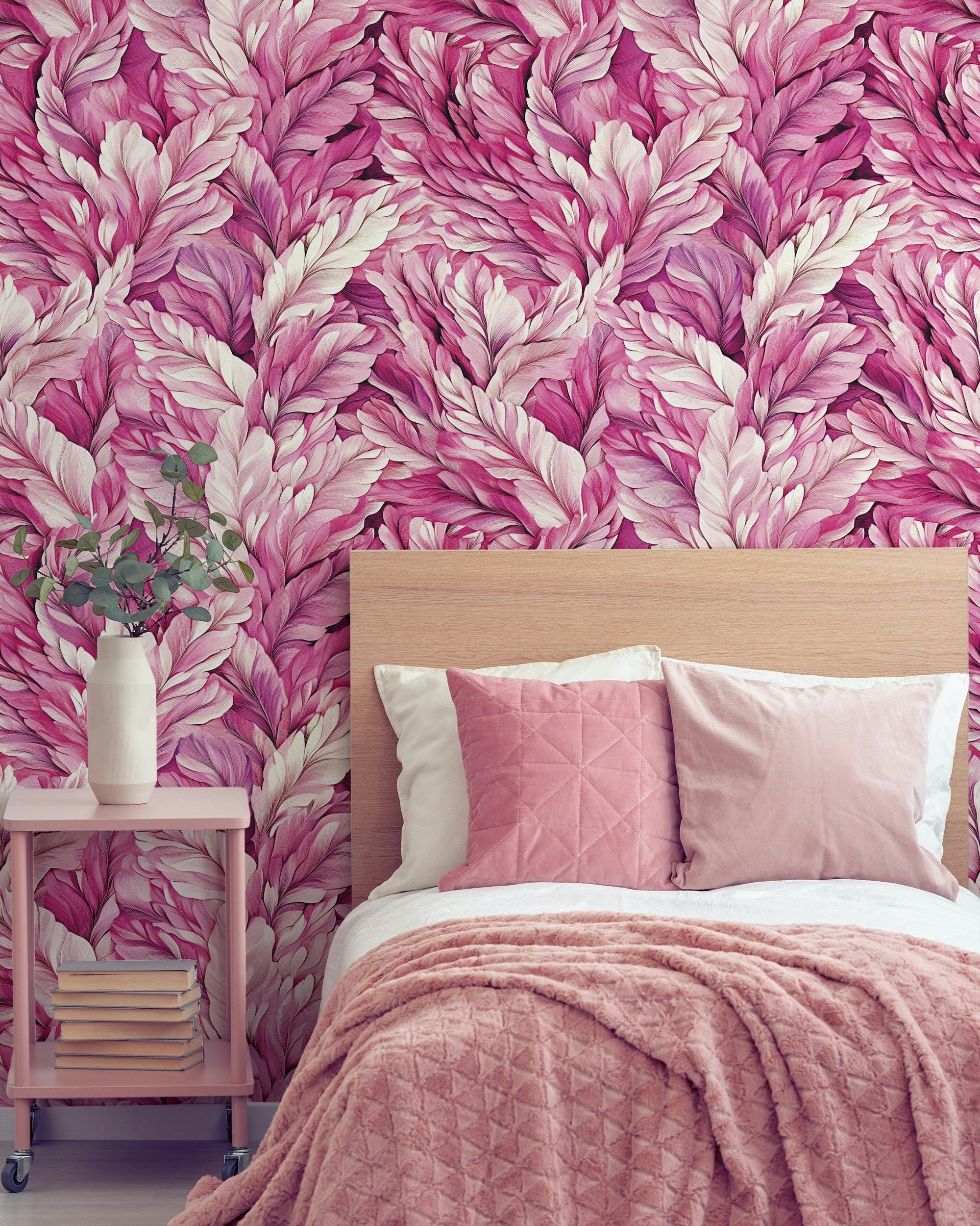 Pembe Yaprak Desenli Duvar Kağıdı Modern Salon Dekoru