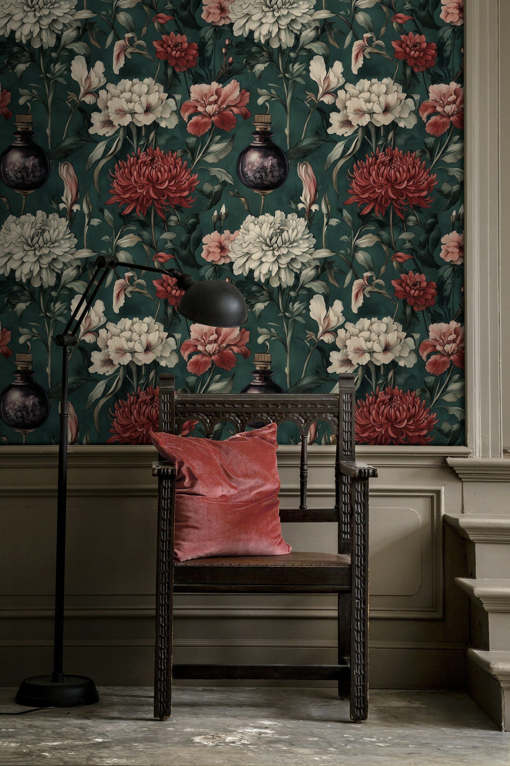 Vintage Çiçekli Duvar Kağıdı Zümrüt Yeşili Salon Duvar Dekoru