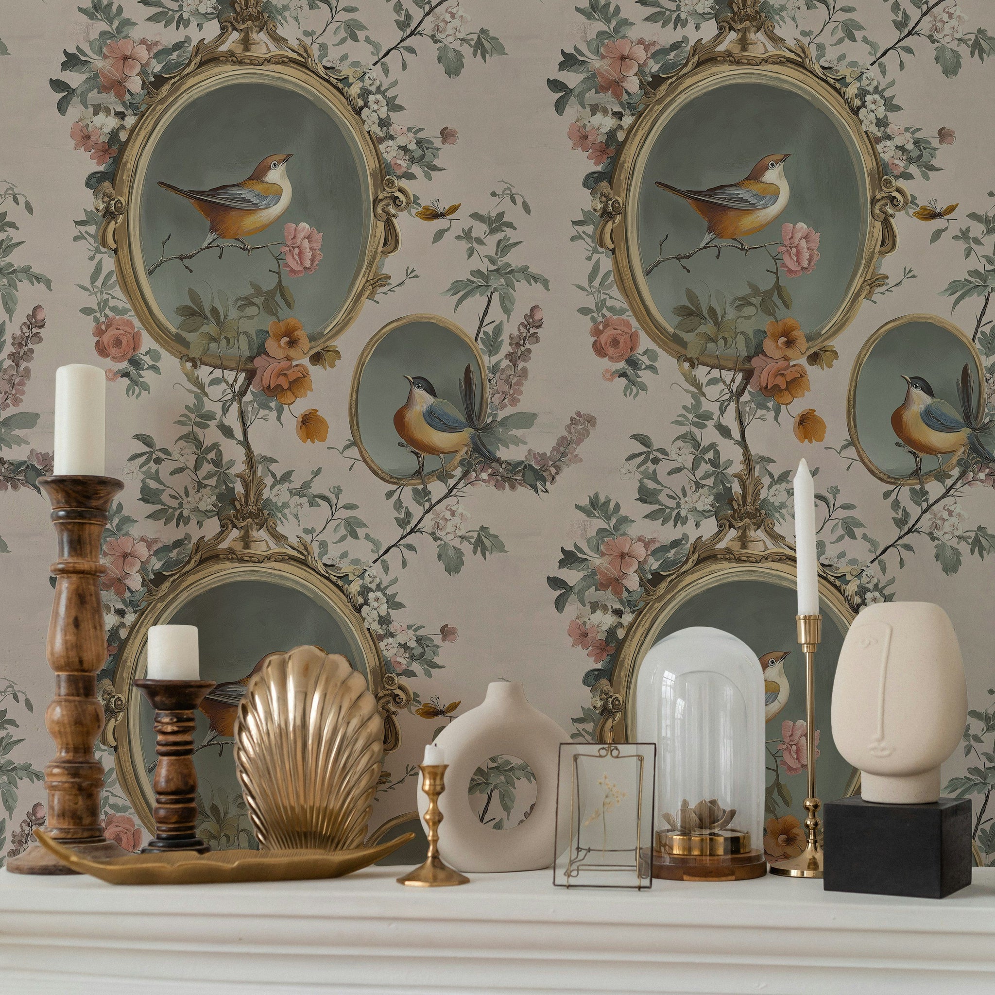 Kuşlu Çiçekli Duvar Kağıdı Vintage Bej Salon