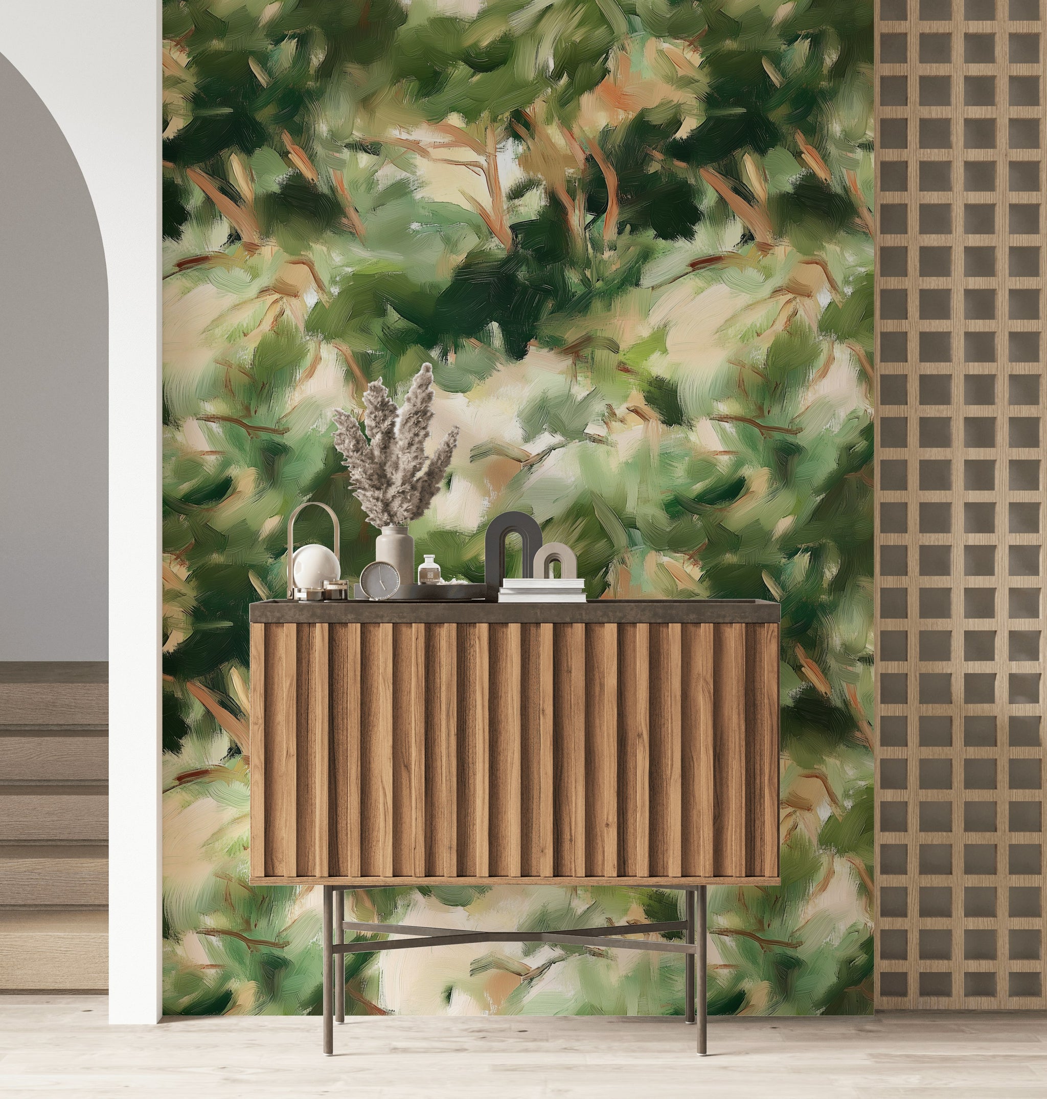 Yağlıboya Görünümlü Soyut Yeşil Duvar Kağıdı Modern Salon