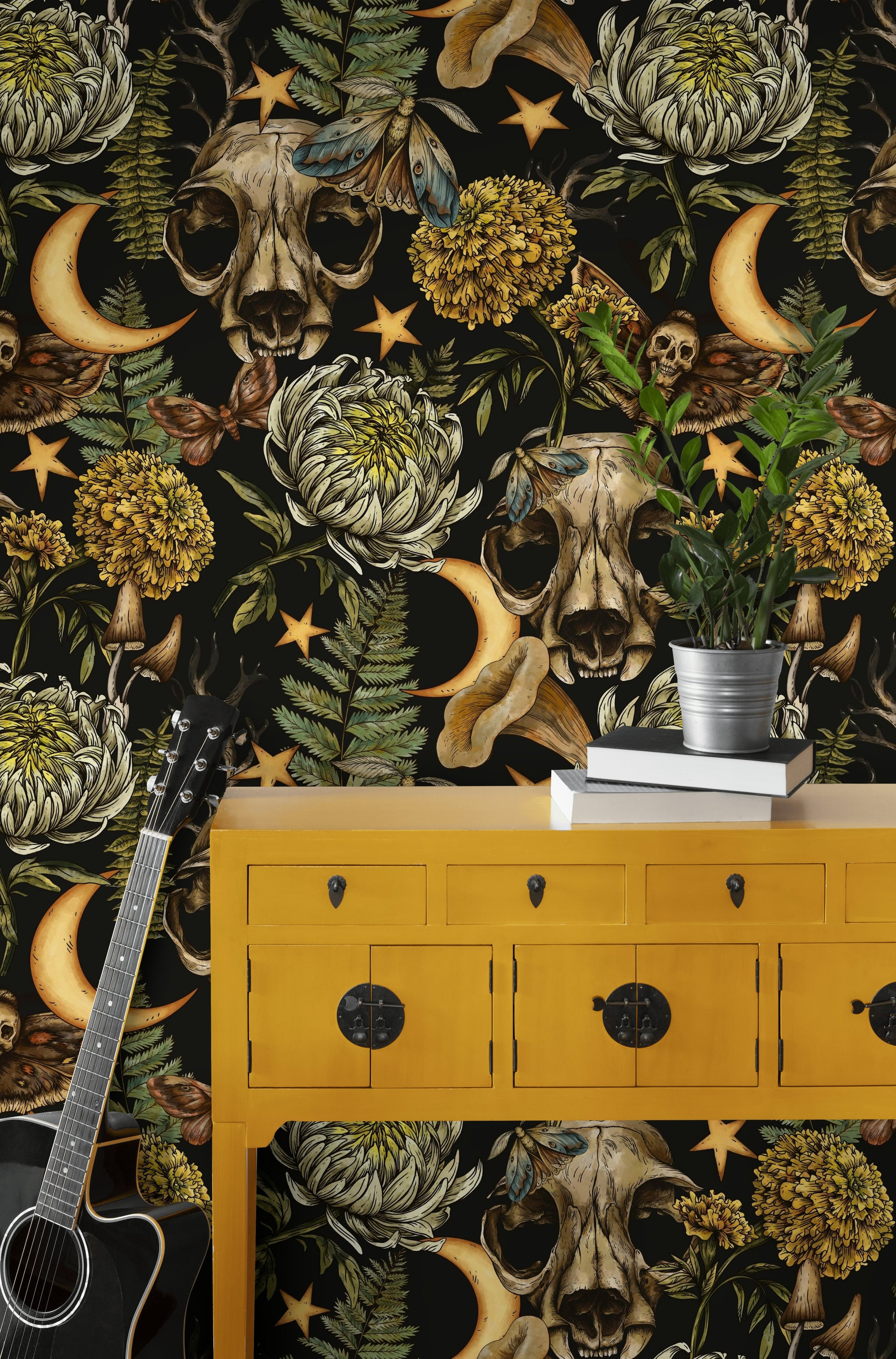 Kuru Kafa ve Çiçekli Duvar Kağıdı Siyah Karanlık Salon