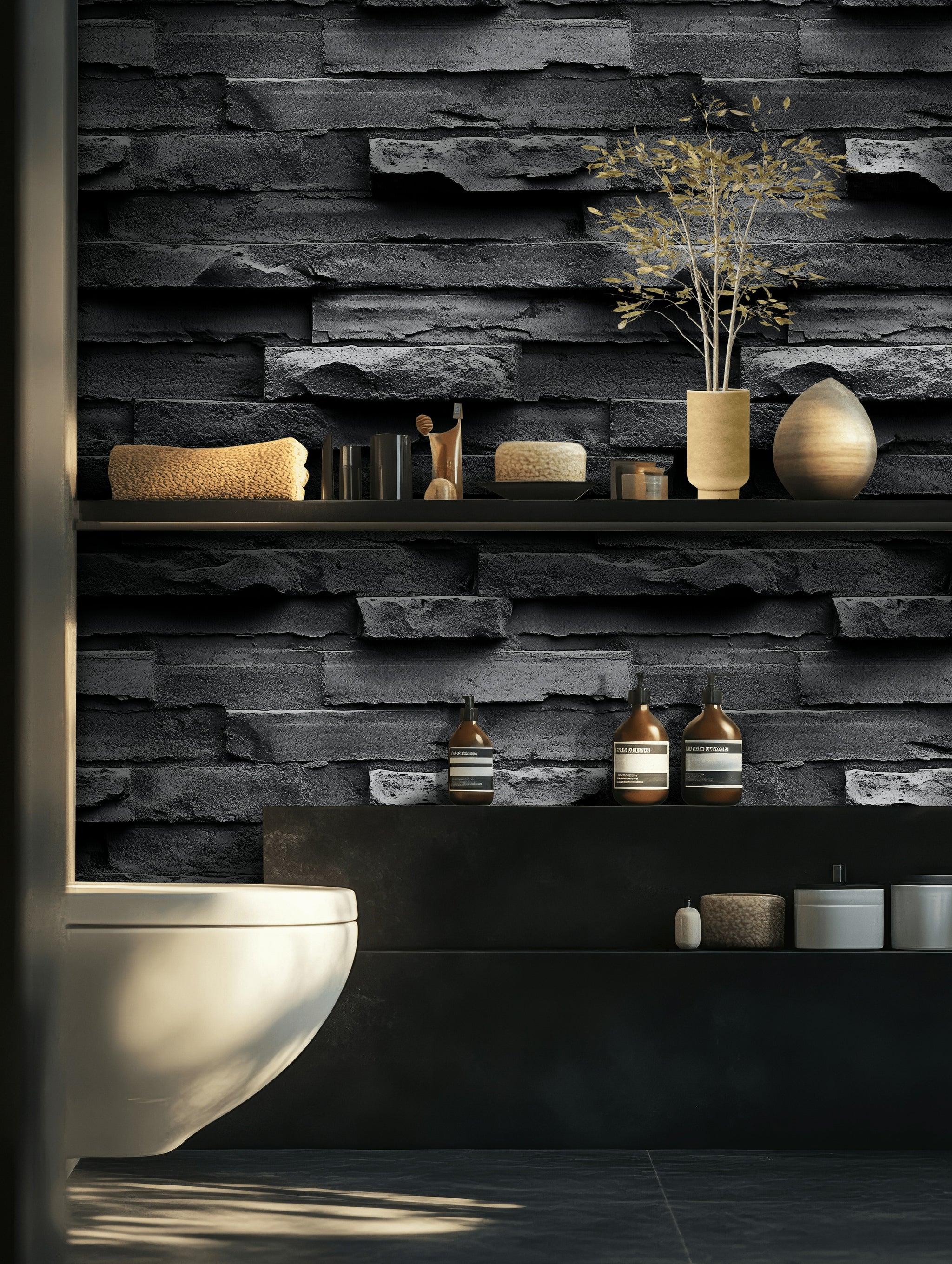 Siyah Tuğla Desenli Duvar Kağıdı Endüstriyel Banyo Dekoru