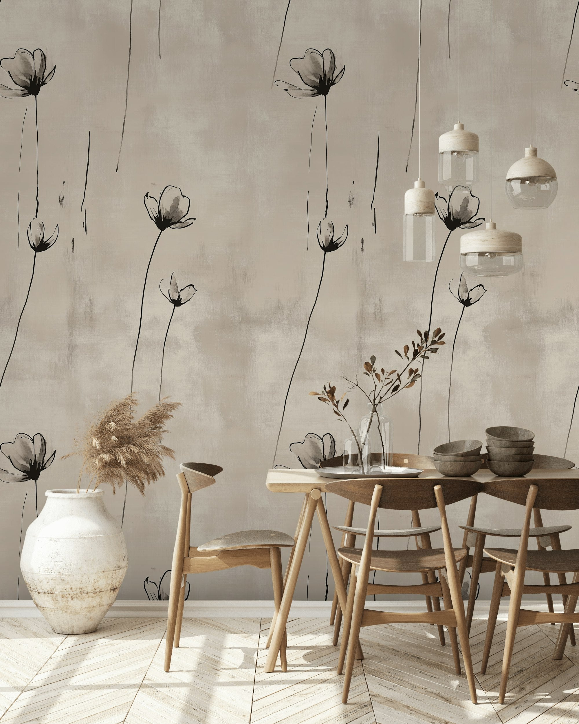 Minimal Çizgili Çiçek Desenli Duvar Kağıdı Bej Salon