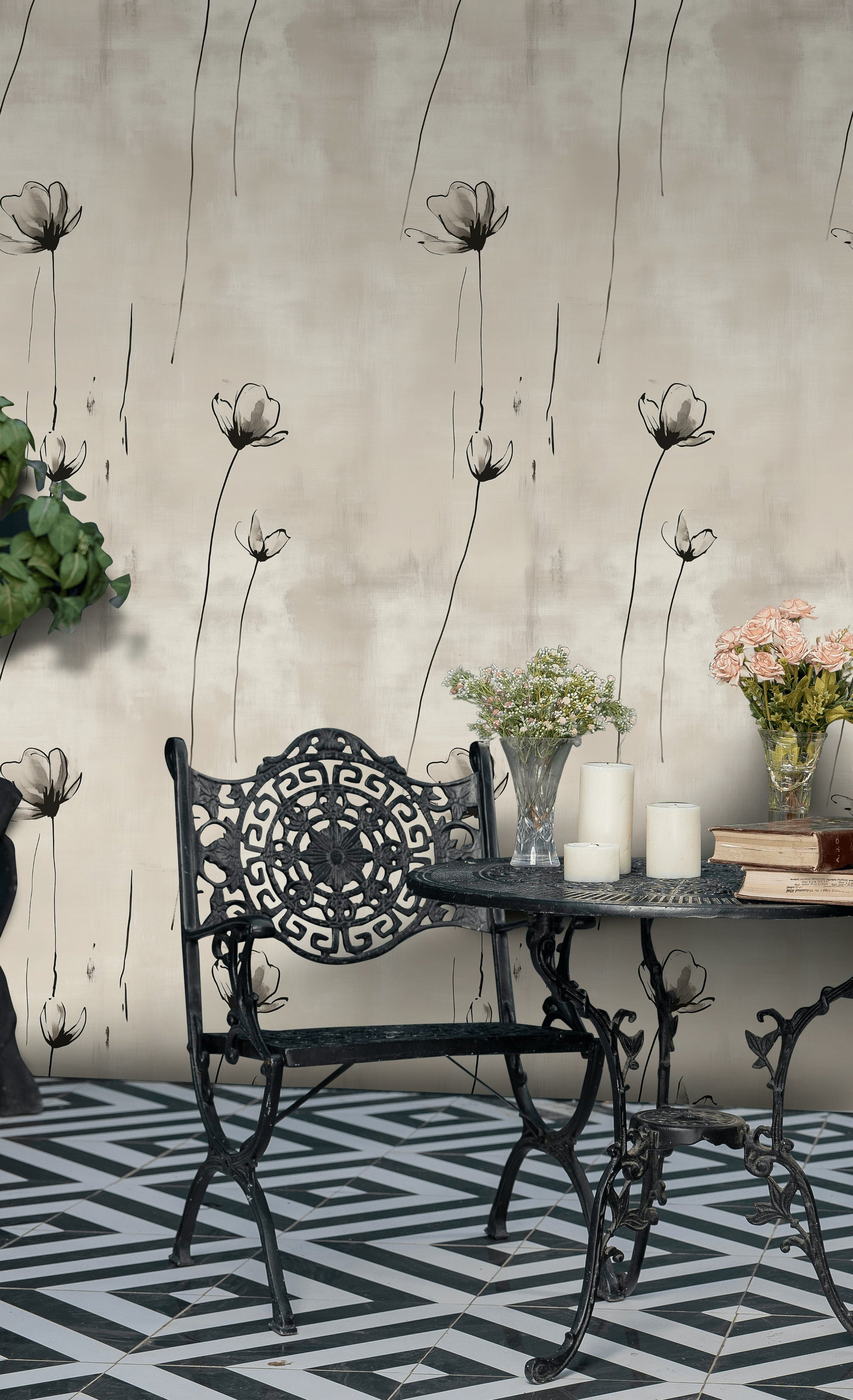 Minimal Çizgili Çiçek Desenli Duvar Kağıdı Bej Salon