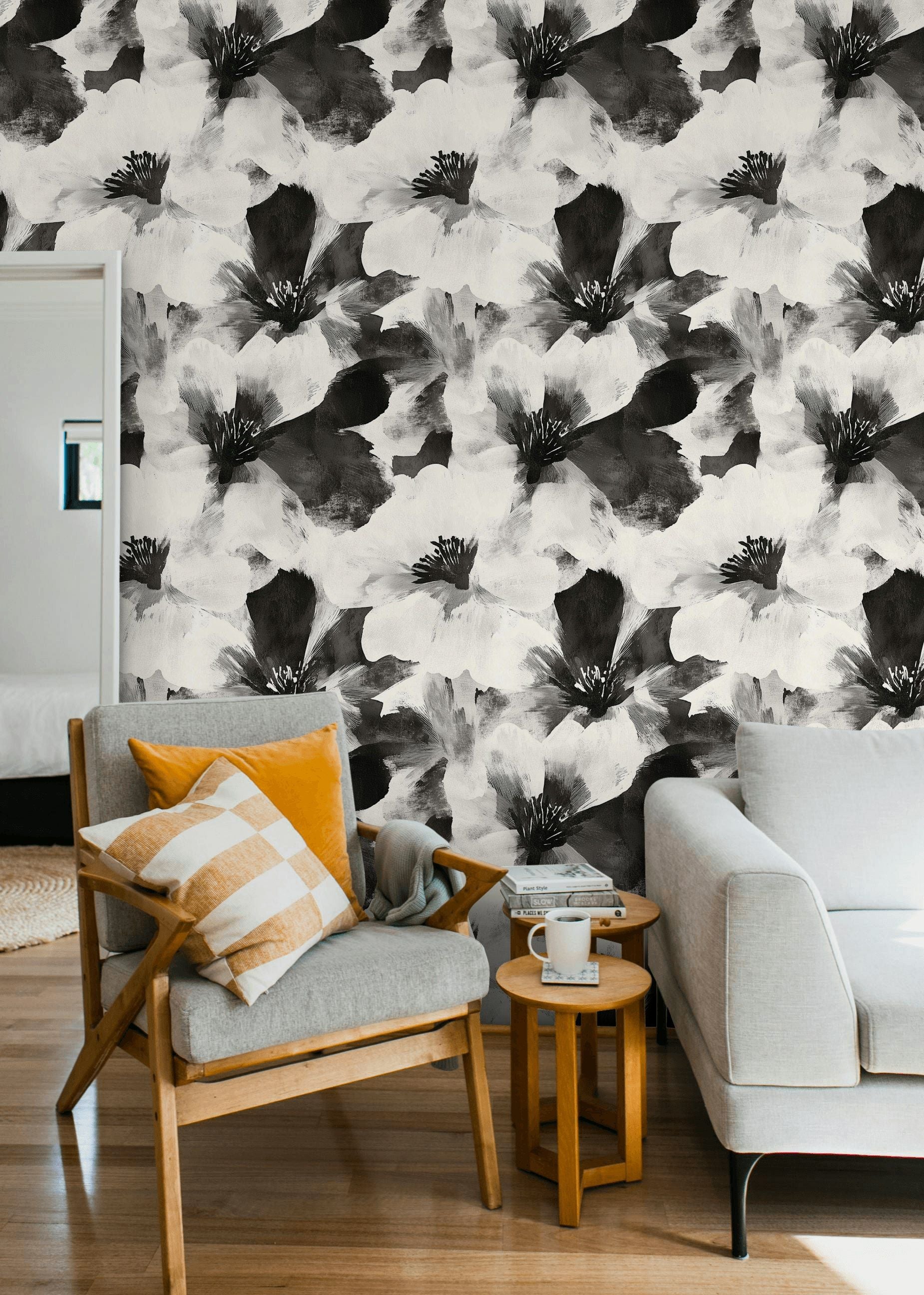 Siyah Beyaz Büyük Çiçekli Duvar Kağıdı Modern Salon