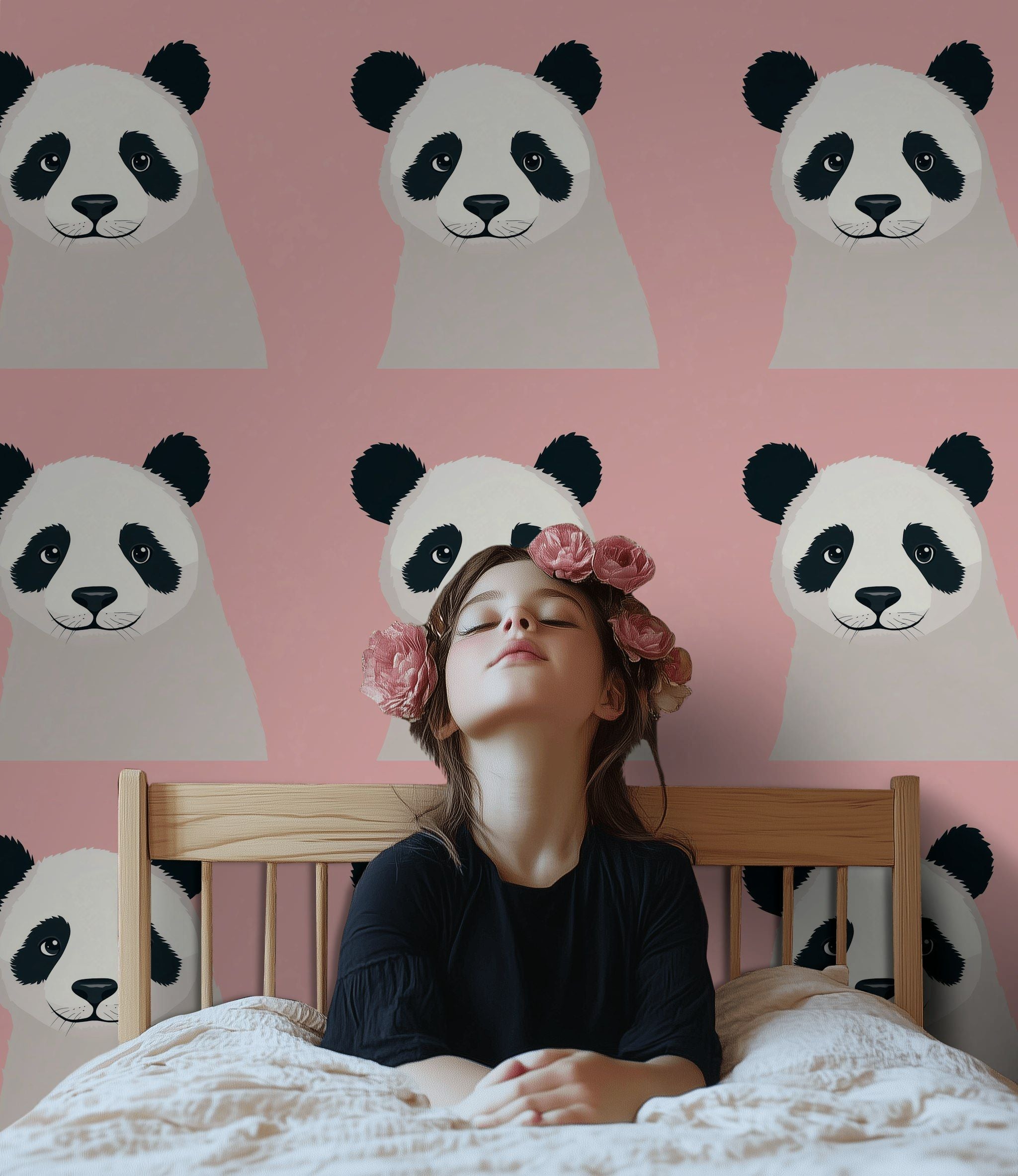 Panda Desenli Duvar Kağıdı Pembe Çocuk Odası Dekoru