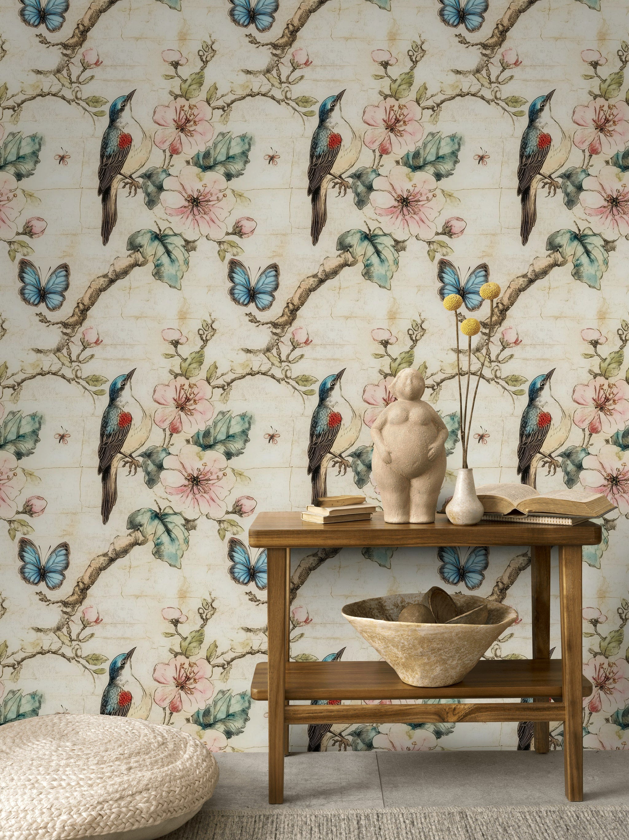 Kuş ve Kelebekli Duvar Kağıdı Vintage Çiçekli Krem Salon