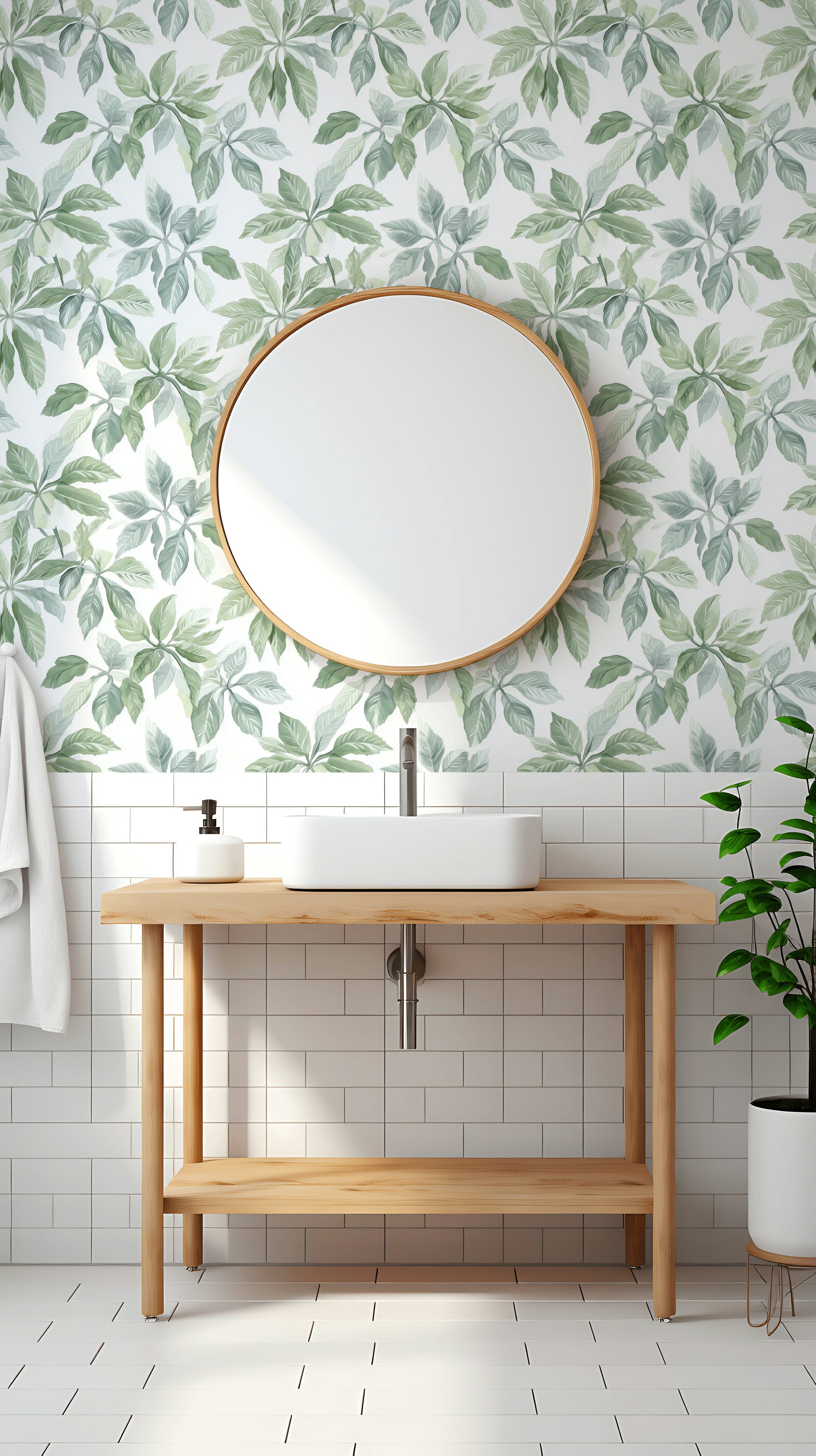 Botanik Yaprak Desenli Duvar Kağıdı Yeşil Banyo Dekoru