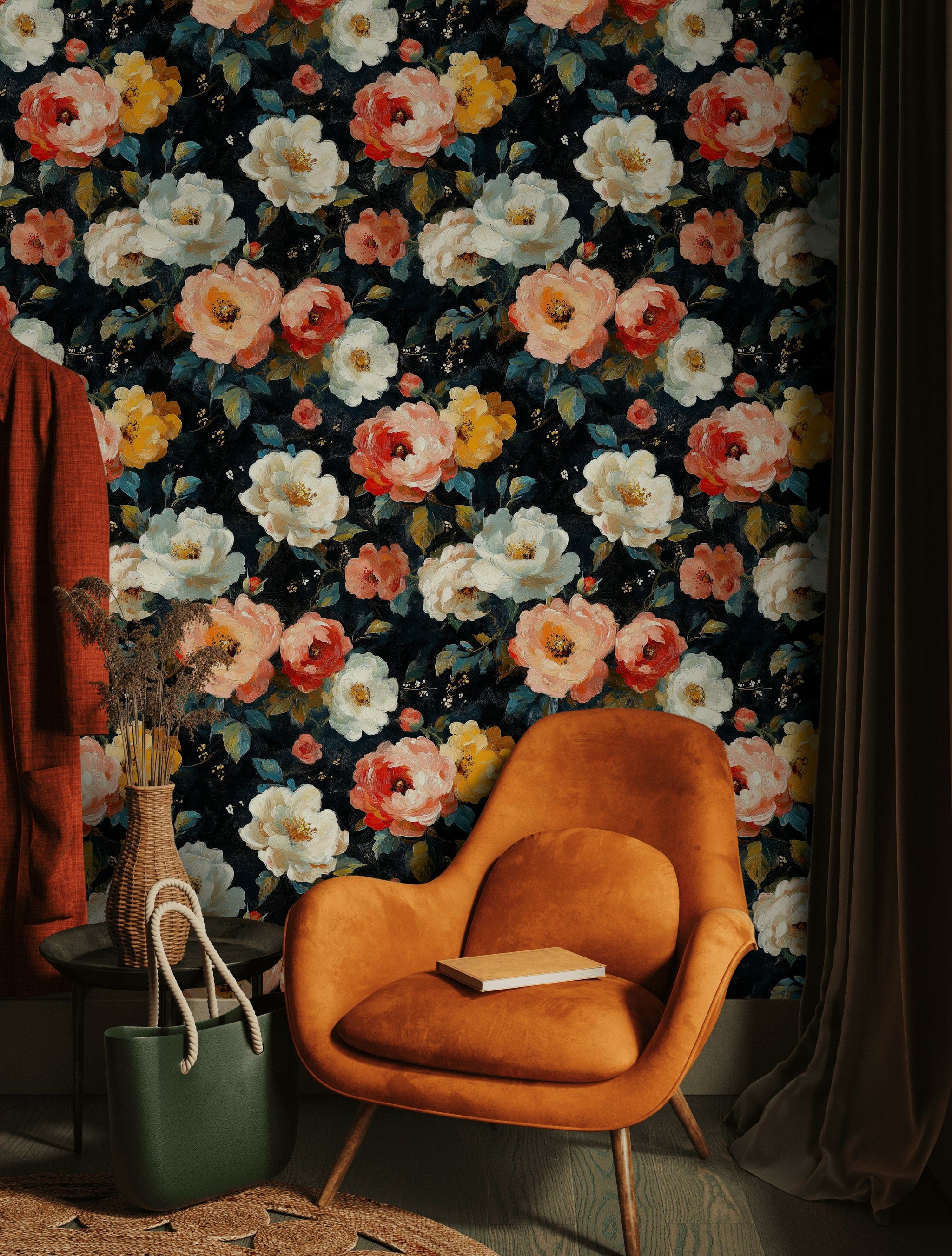 Koyu Zeminde Çiçekli Duvar Kağıdı Vintage Salon