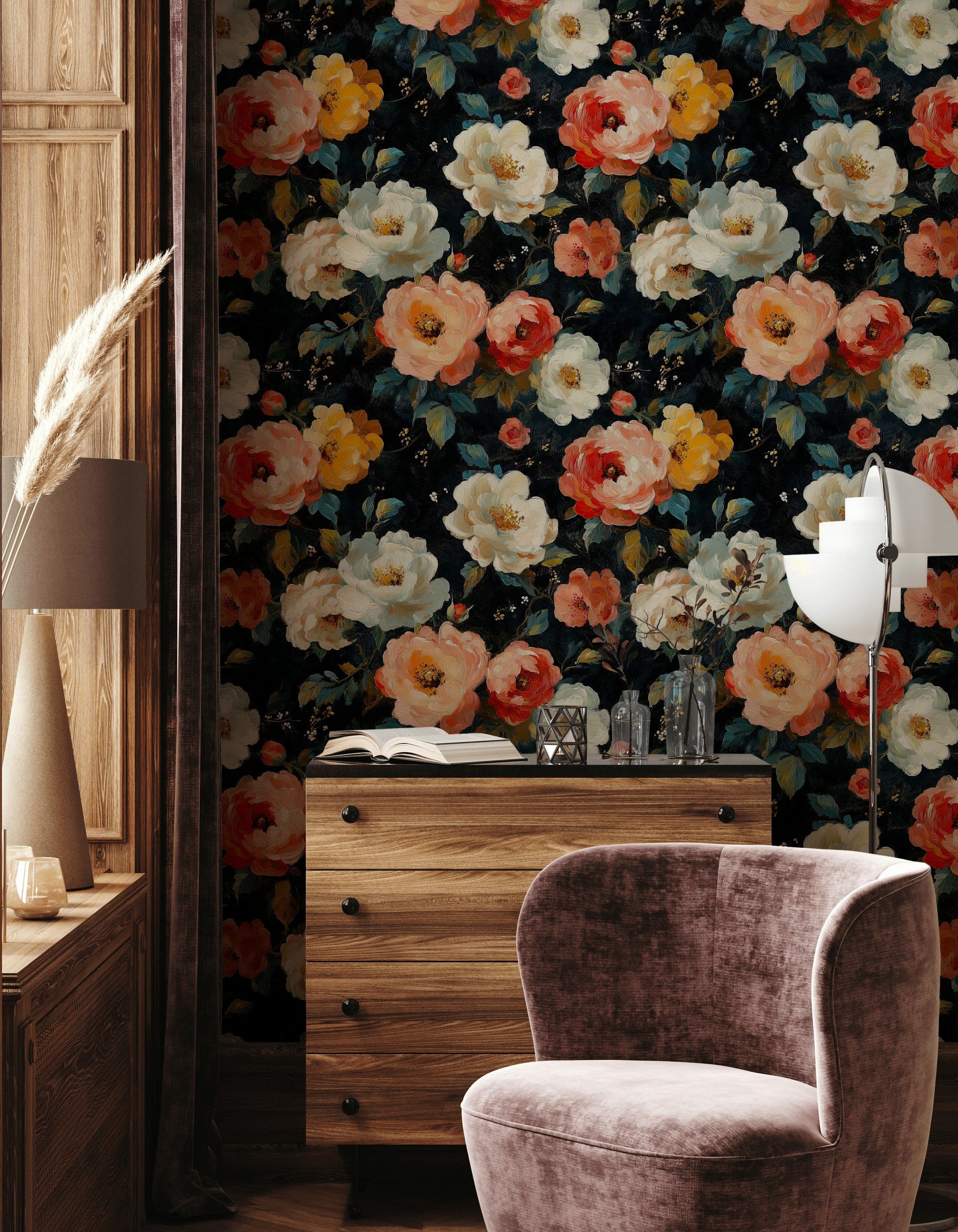 Koyu Zeminde Çiçekli Duvar Kağıdı Vintage Salon