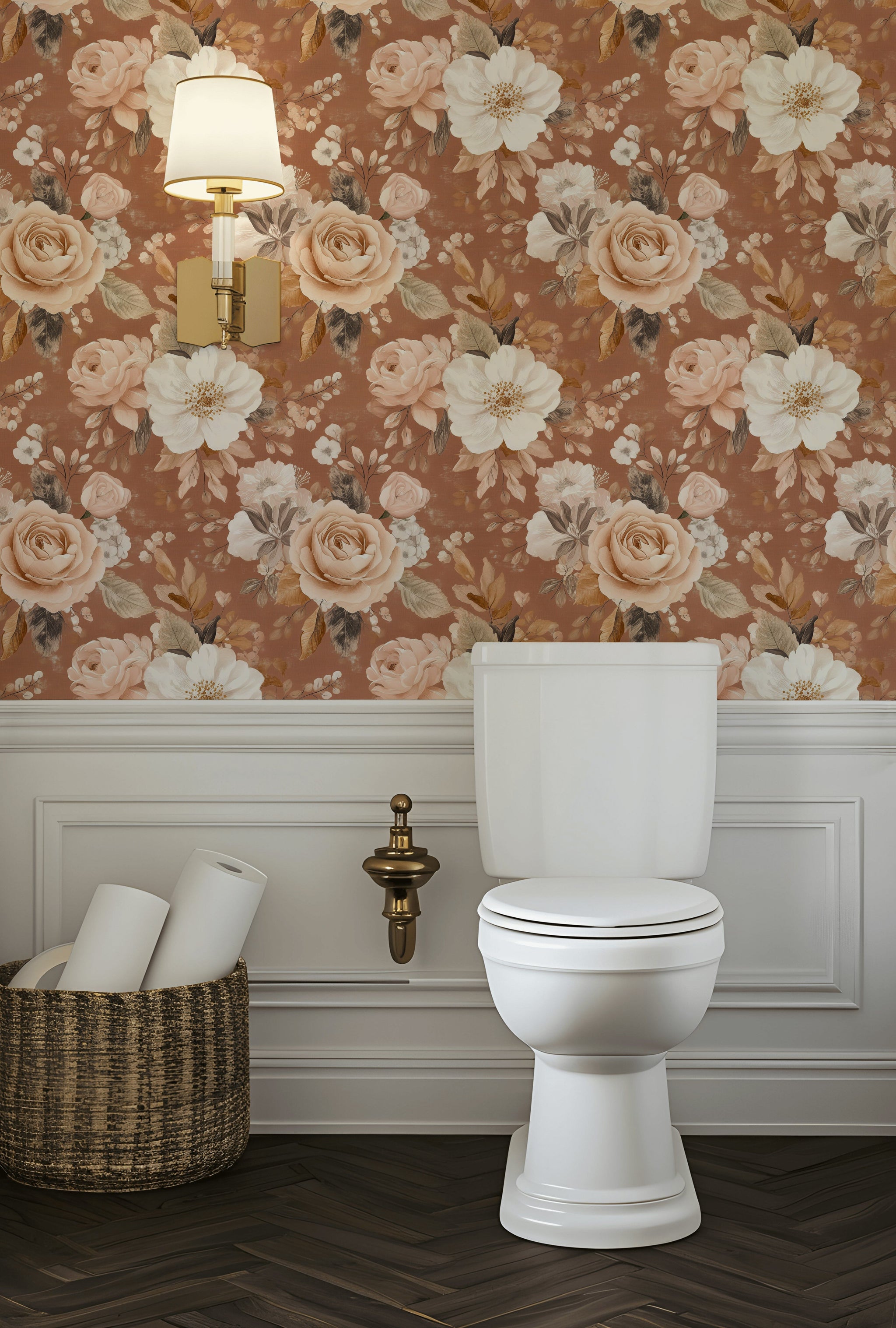 Vintage Güllü Çiçekli Duvar Kağıdı Tarçın Kahverengi Banyo