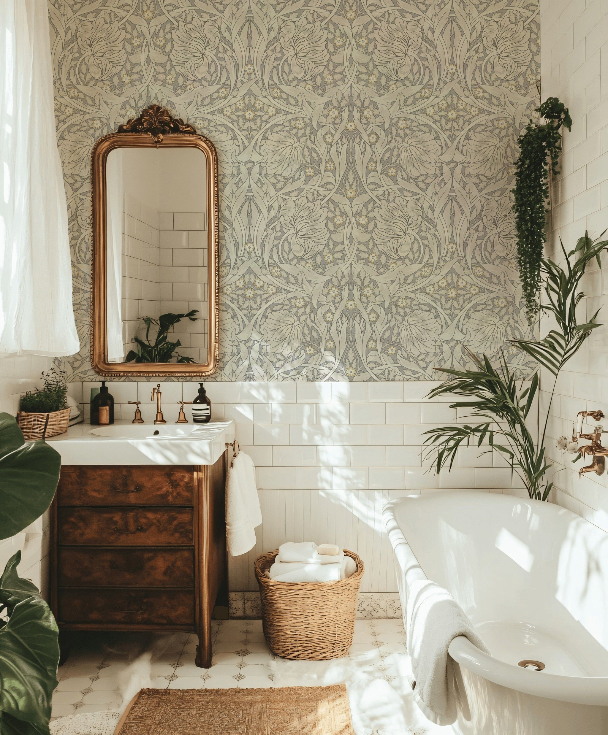 Art Nouveau Çiçekli Duvar Kağıdı Bej Tonlu Yatak Odası