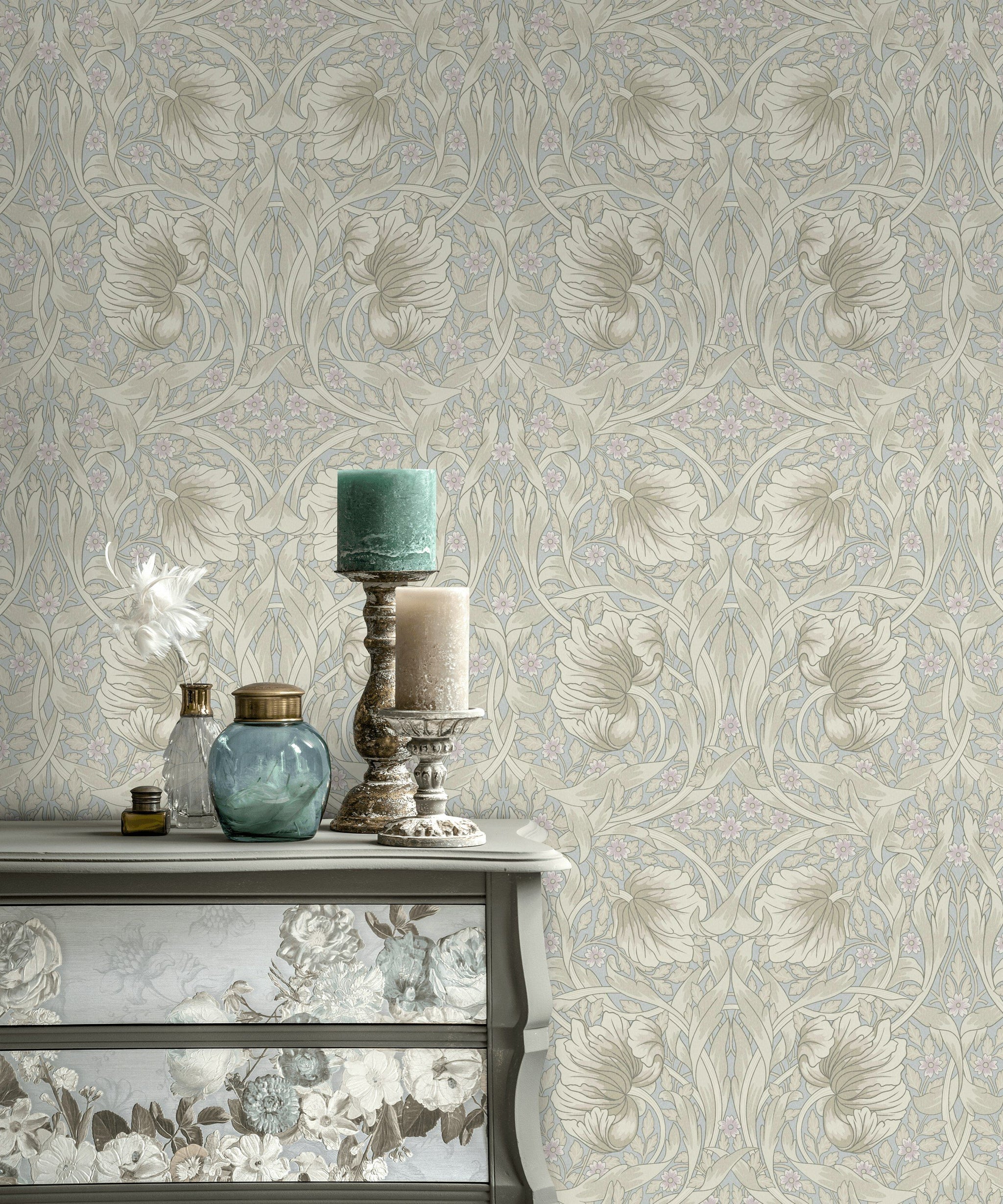Art Nouveau Çiçekli Duvar Kağıdı Bej Tonlu Salon Deseni
