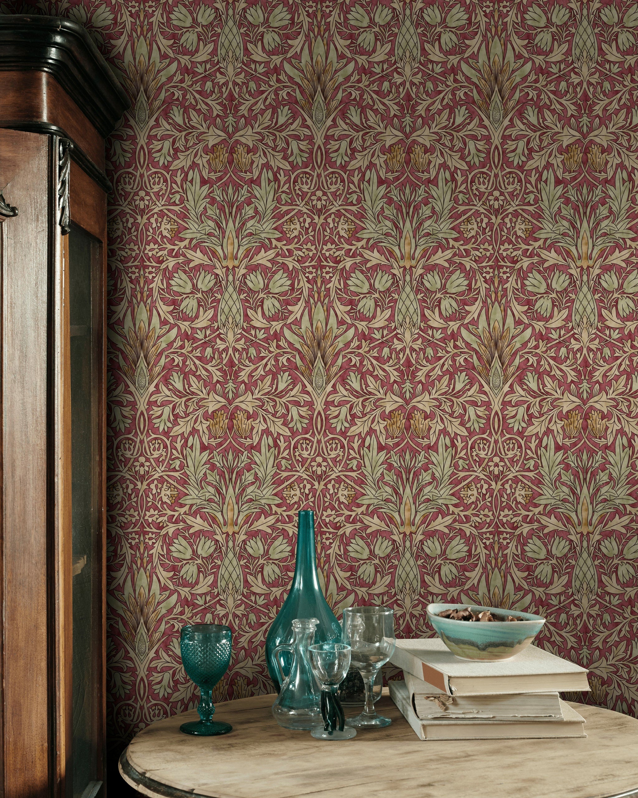 Klasik Çiçekli Duvar Kağıdı Bordo Yeşil Vintage Salon
