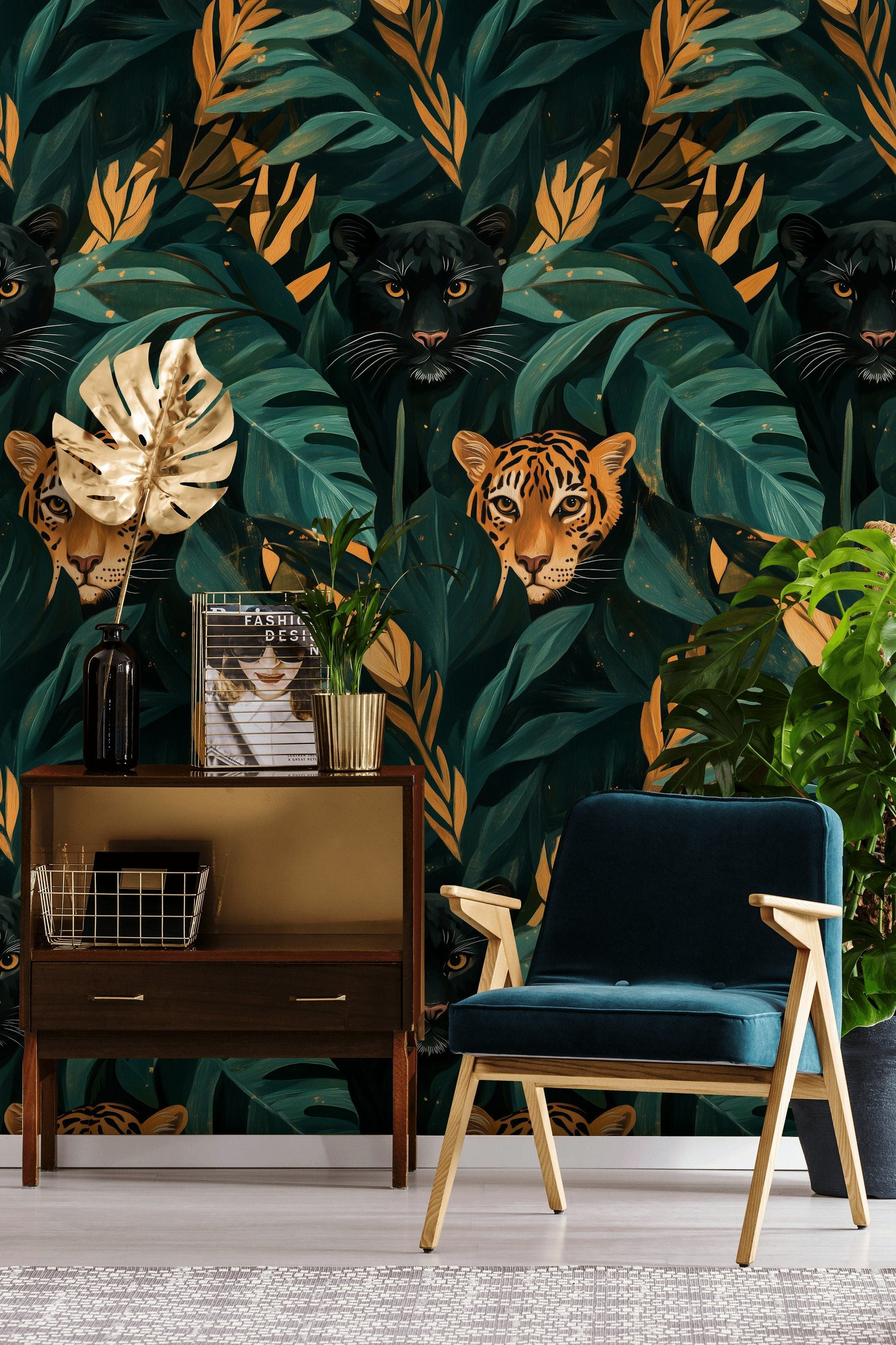 Jungle Leoparlı Duvar Kağıdı Yeşil Yaprak Desenli Salon