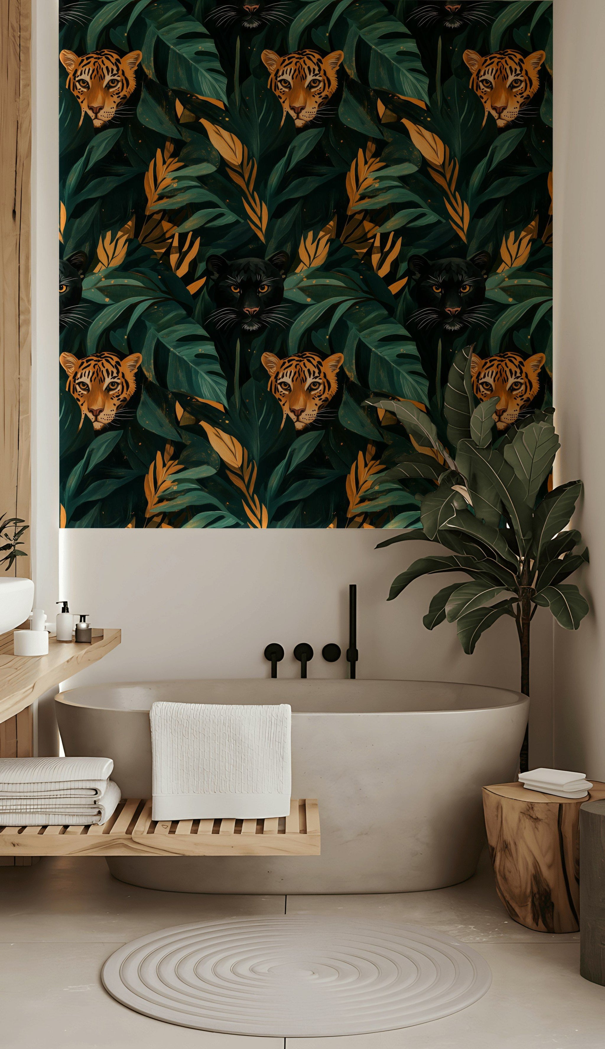 Jungle Leoparlı Duvar Kağıdı Yeşil Yaprak Desenli Salon