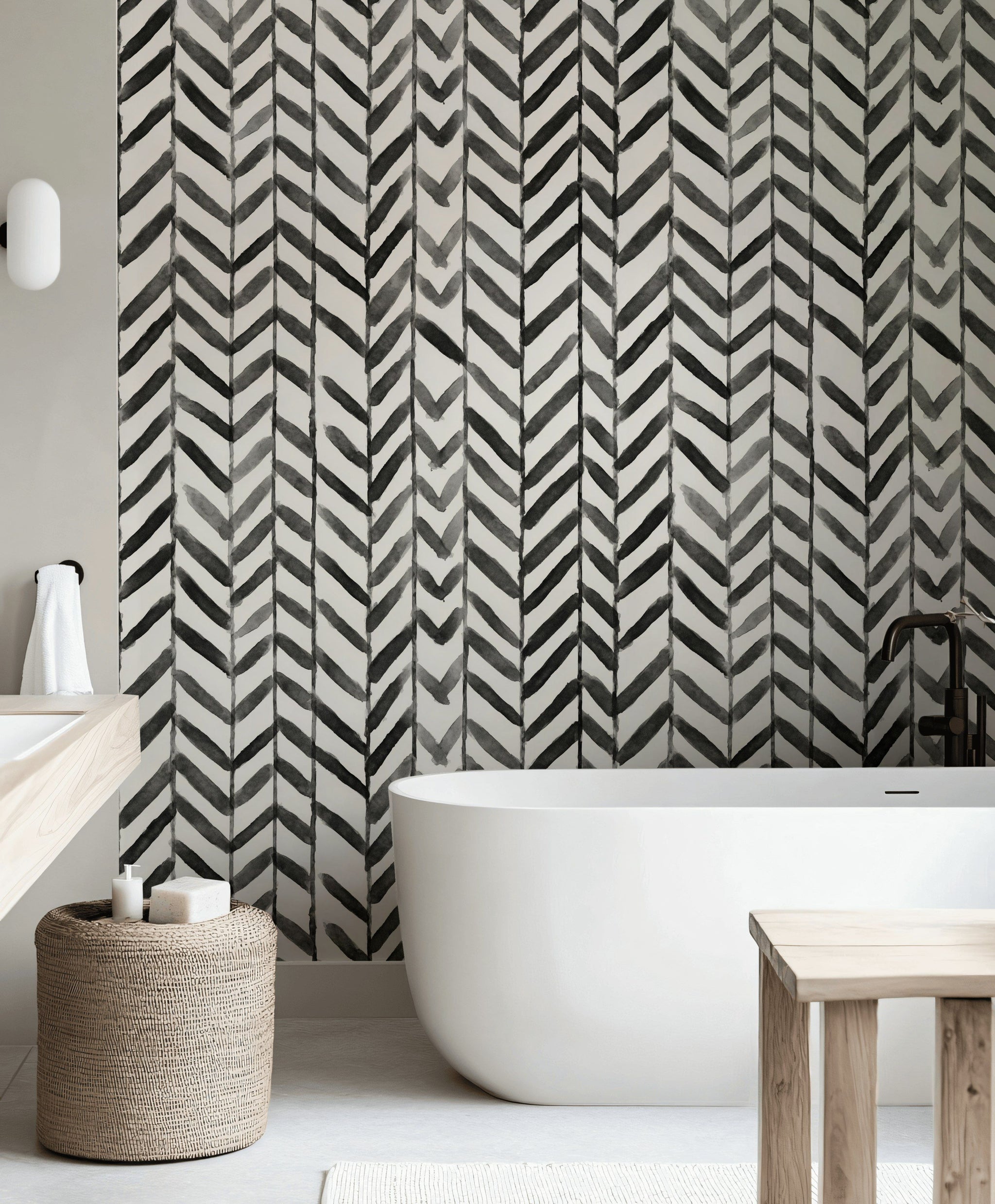 Siyah Beyaz Balıksırtı Desenli Duvar Kağıdı Modern Banyo