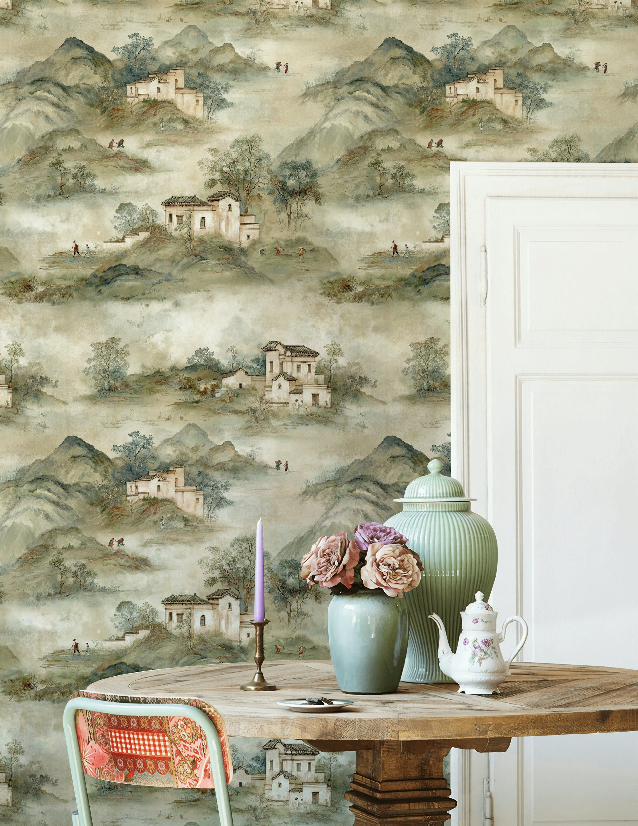 Sisli Dağ Manzaralı Duvar Kağıdı Yeşil Krem Salon