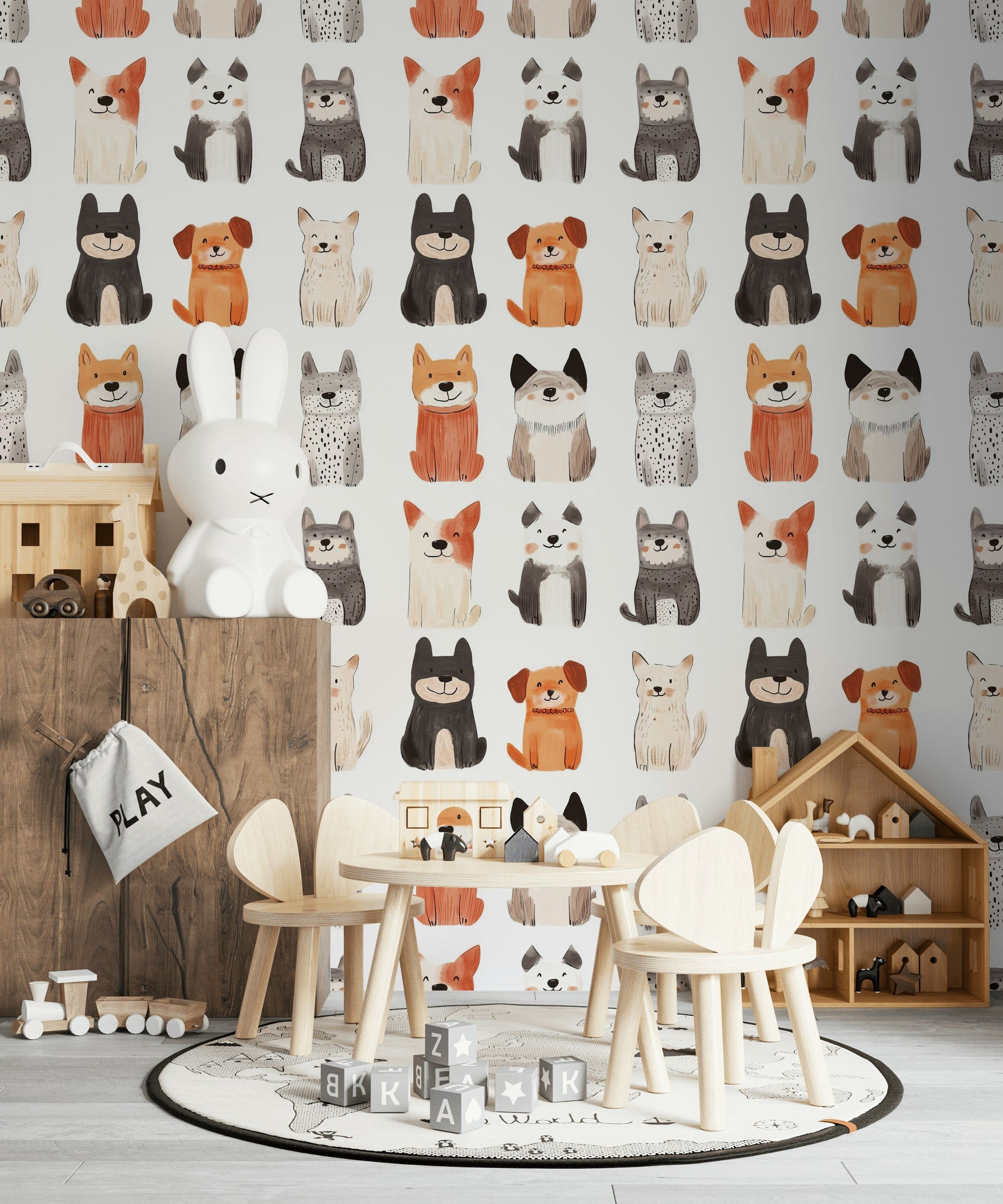 Sevimli Köpek Desenli Duvar Kağıdı Çocuk Odası Bej
