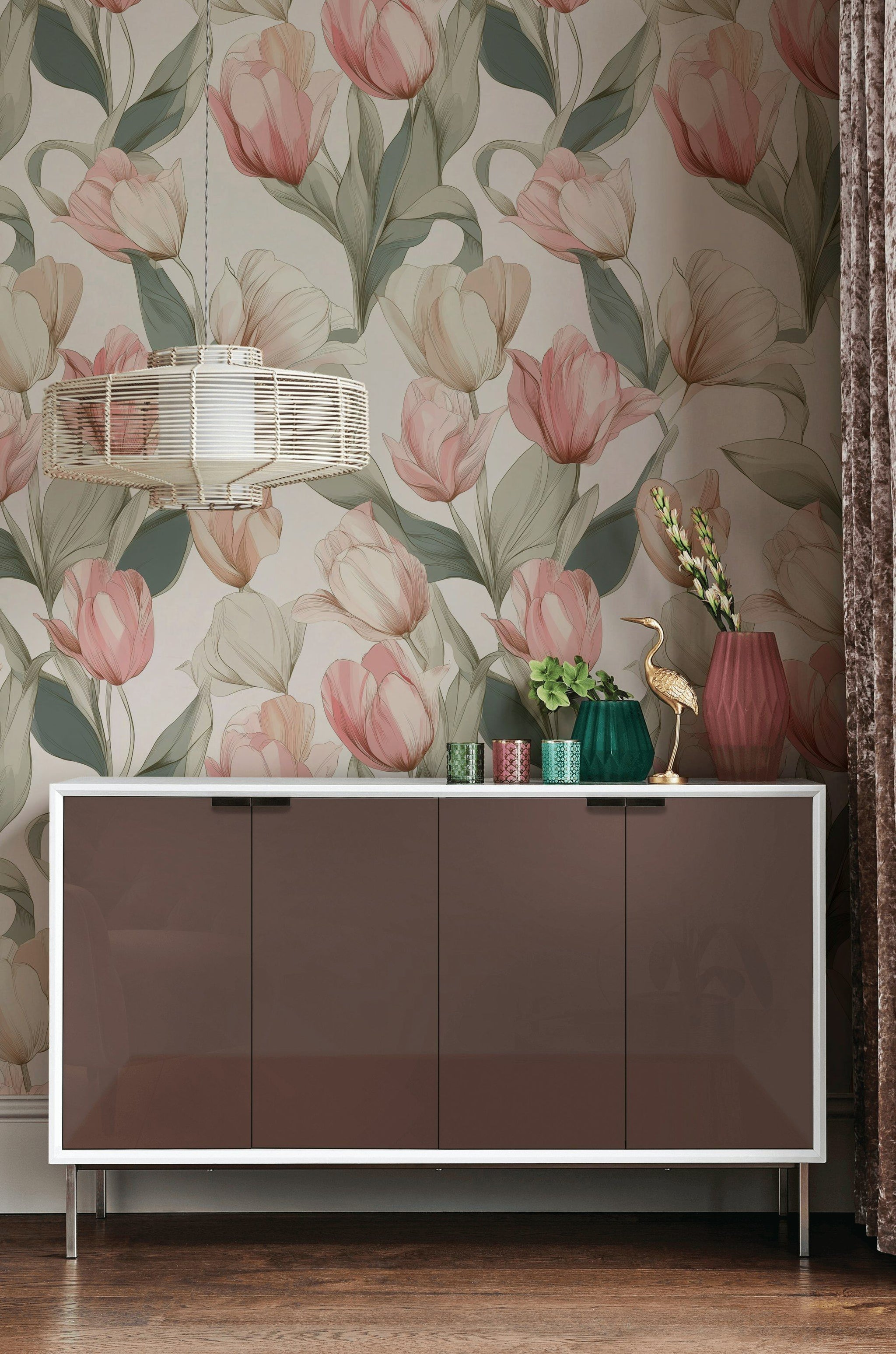 Lale Desenli Duvar Kağıdı Pastel Pembe Yeşil Salon