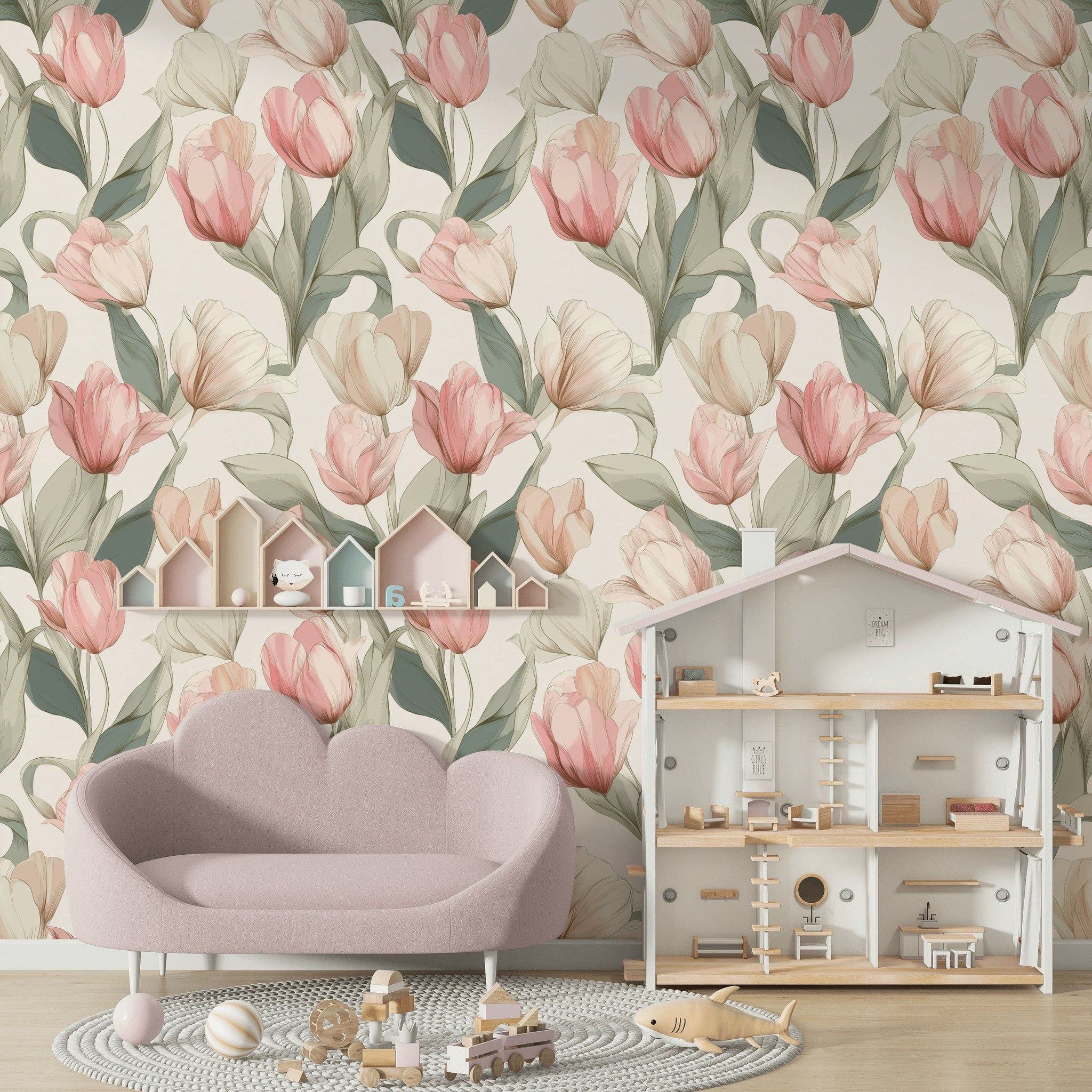 Lale Desenli Duvar Kağıdı Pastel Pembe Yeşil Salon