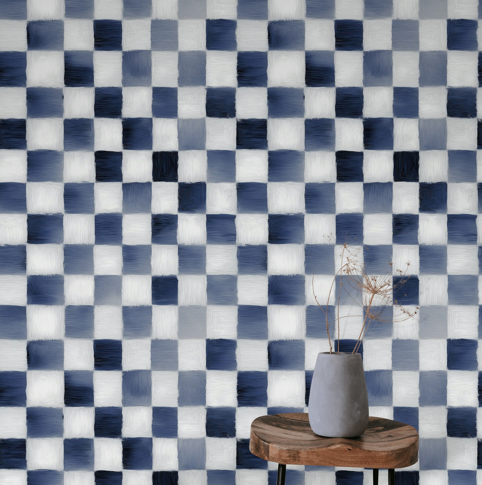 Mavi Kareli Duvar Kağıdı Modern Geometrik Salon Dekoru