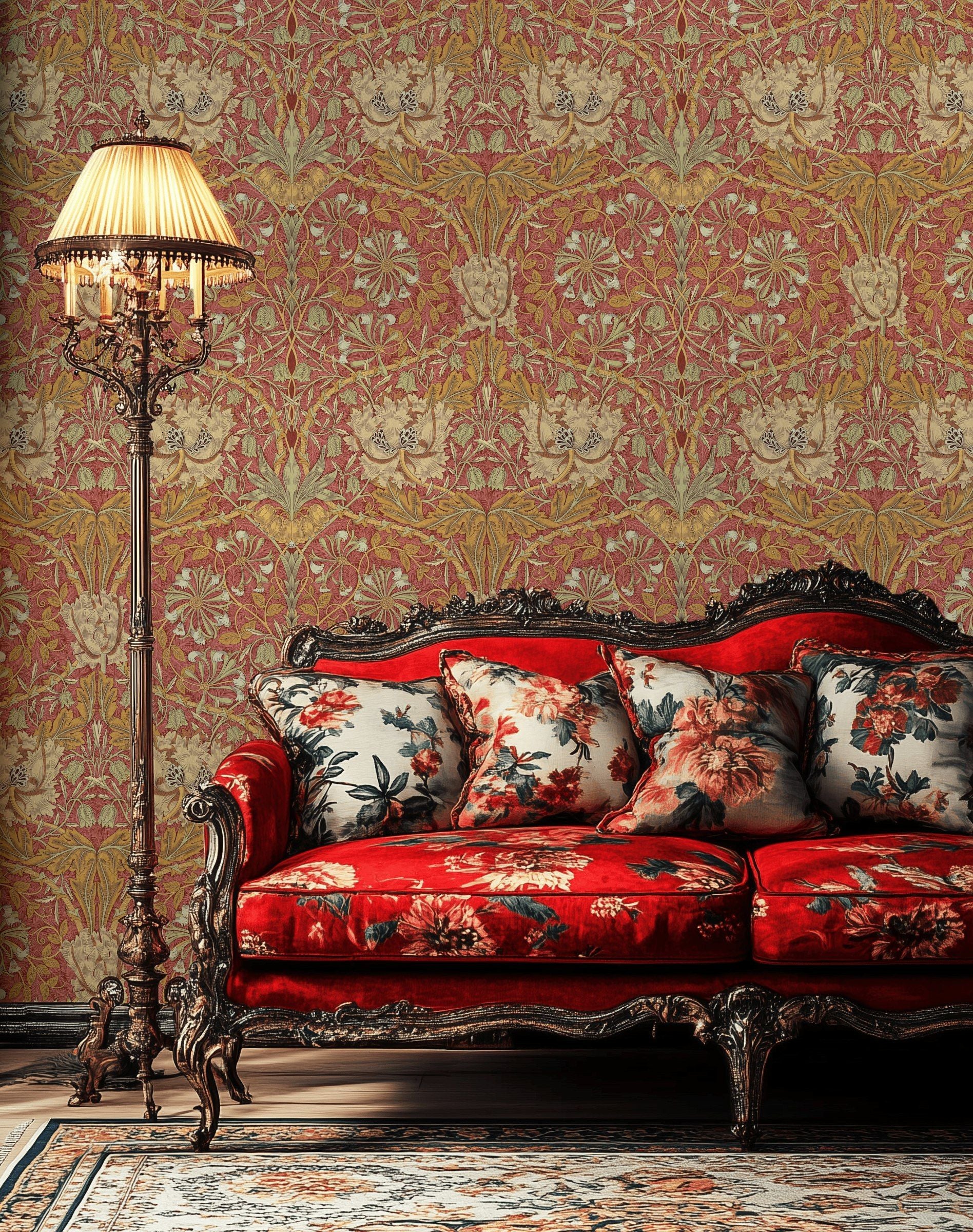 Vintage Çiçekli Duvar Kağıdı Bordo Zemin Yatak Odası Deseni
