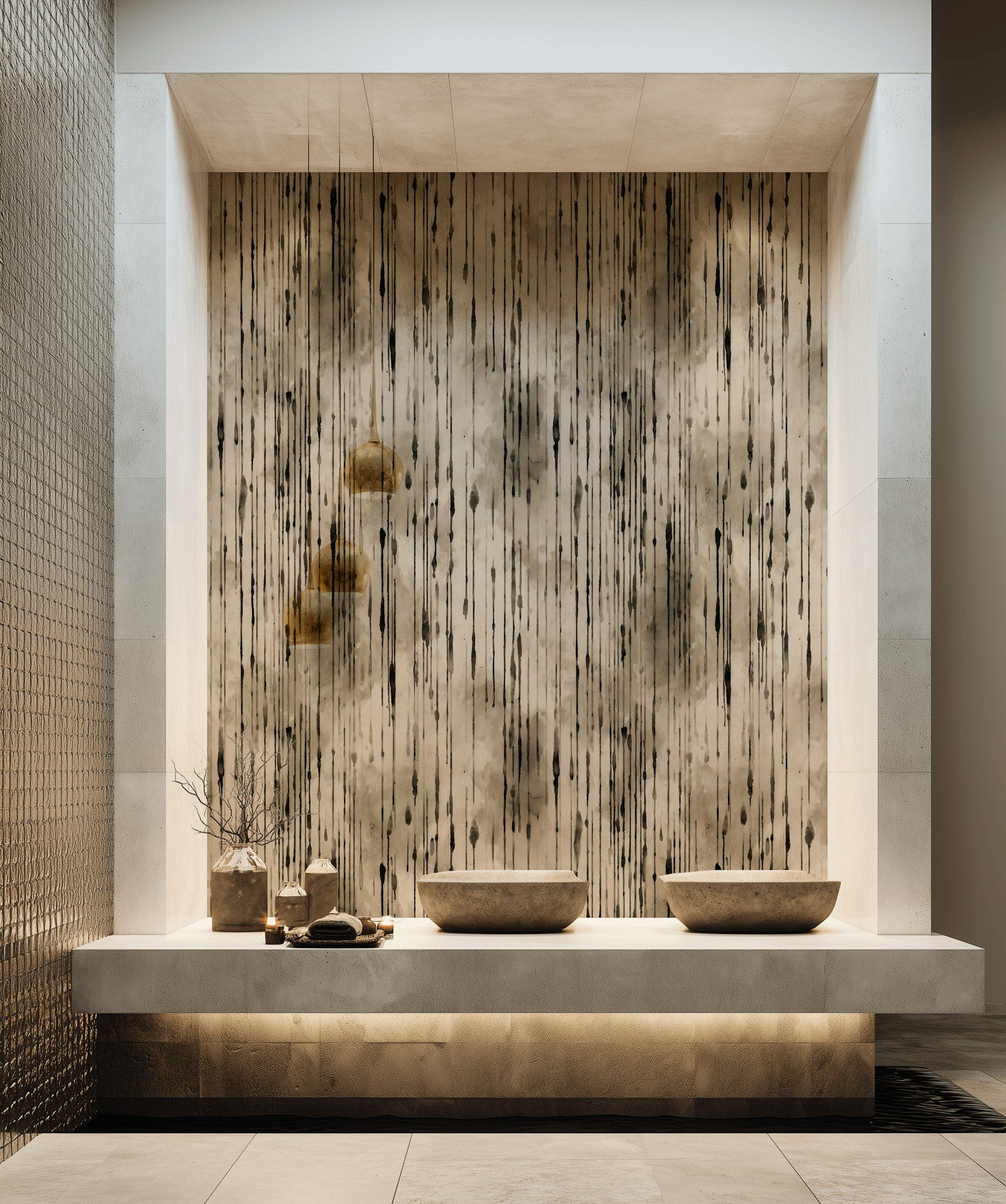 Dikey Çizgili Duvar Kağıdı Bej Siyah Salon