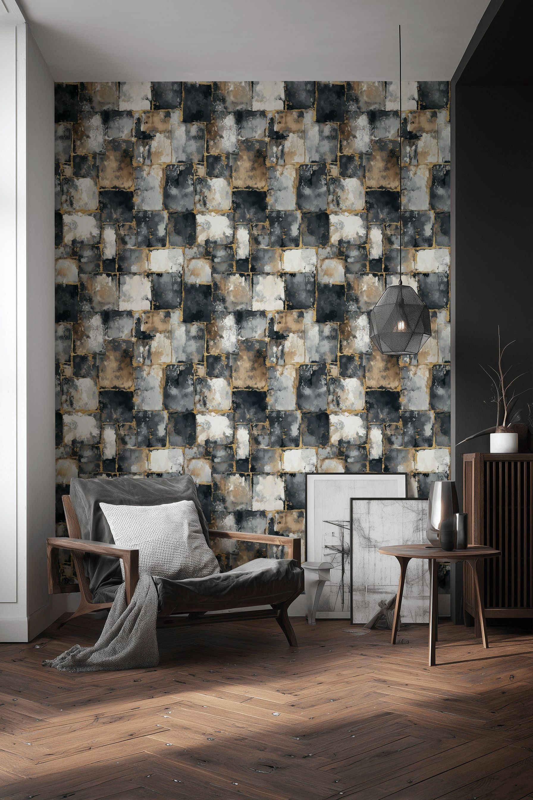 Geometrik Blok Desenli Duvar Kağıdı Gri Bej Salon
