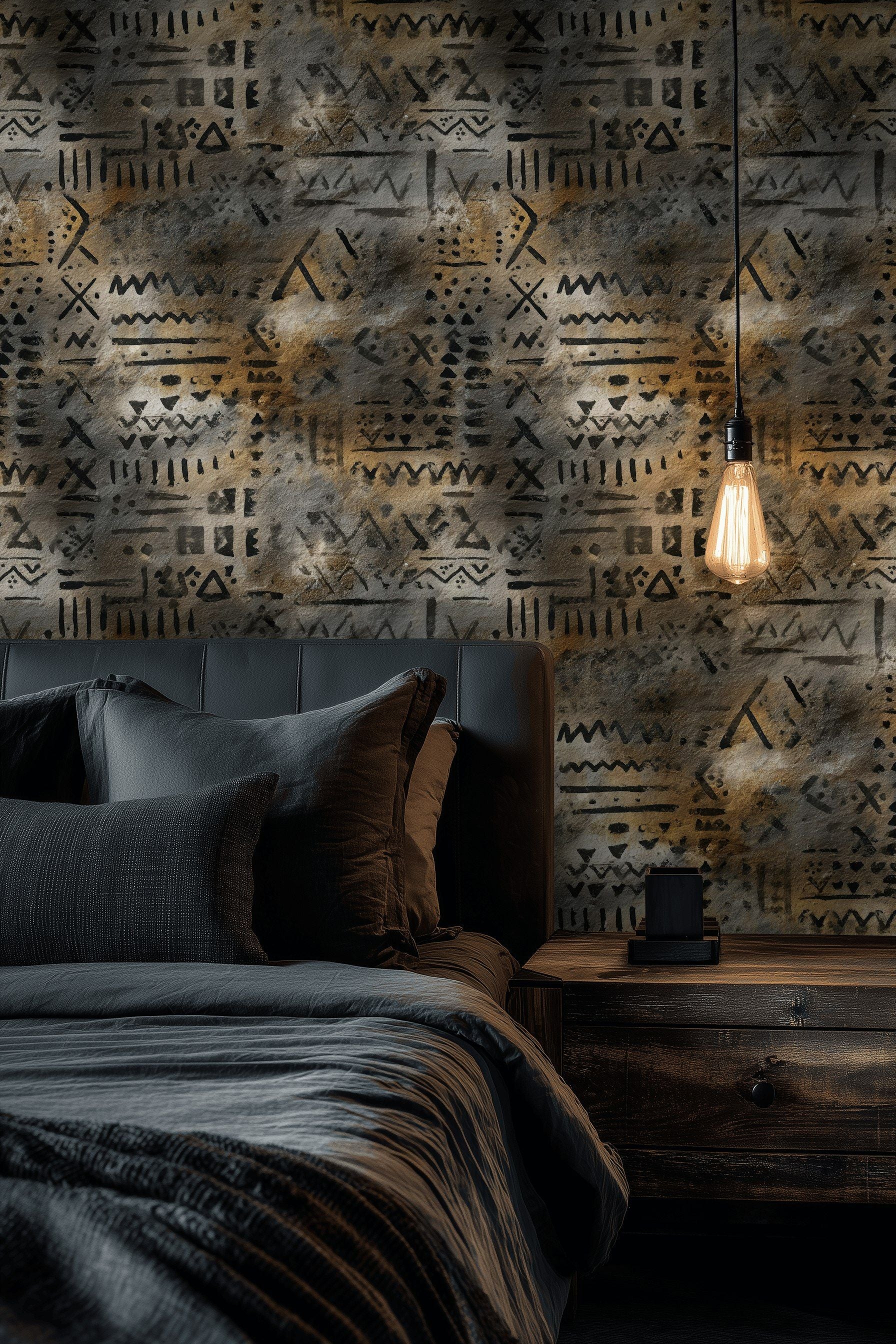 Etnik Geometrik Duvar Kağıdı Gri Bej Modern Salon